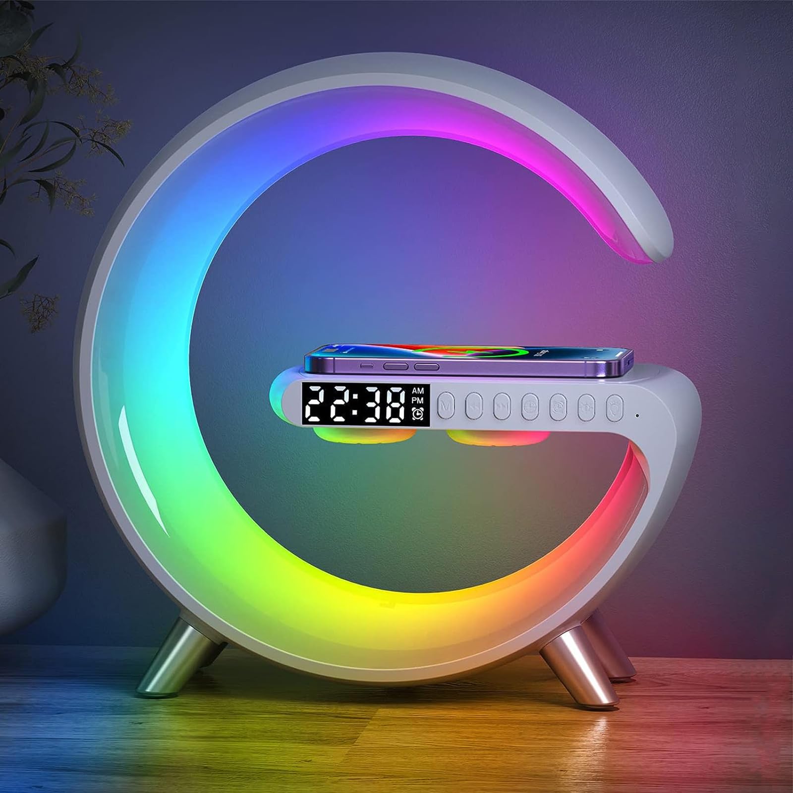 Night Lights with Wireless Charger & Bluetooth Speaker & Alarm Clocks LED Table Lamp, 15W Qi Fast Wireless Charging G Speakers Desk Lamp for Bedroom Bedside Home Decor Gifts