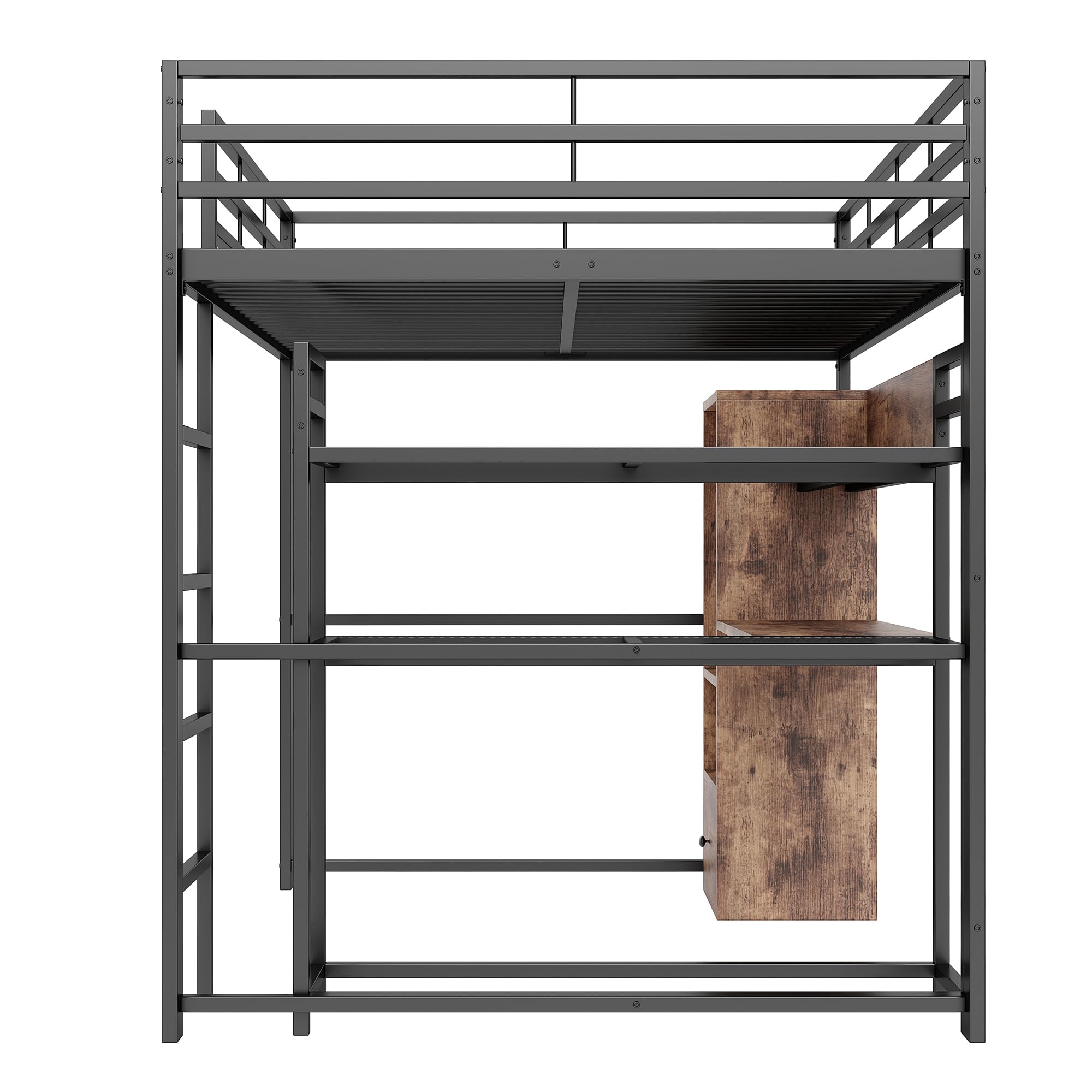 Cama Alta Con Escritorio Y Luces LED - 90x200 Cm, Metal Y MDF, Incluye Cajón Y Estanterías, Certificado EN747, Color Negro