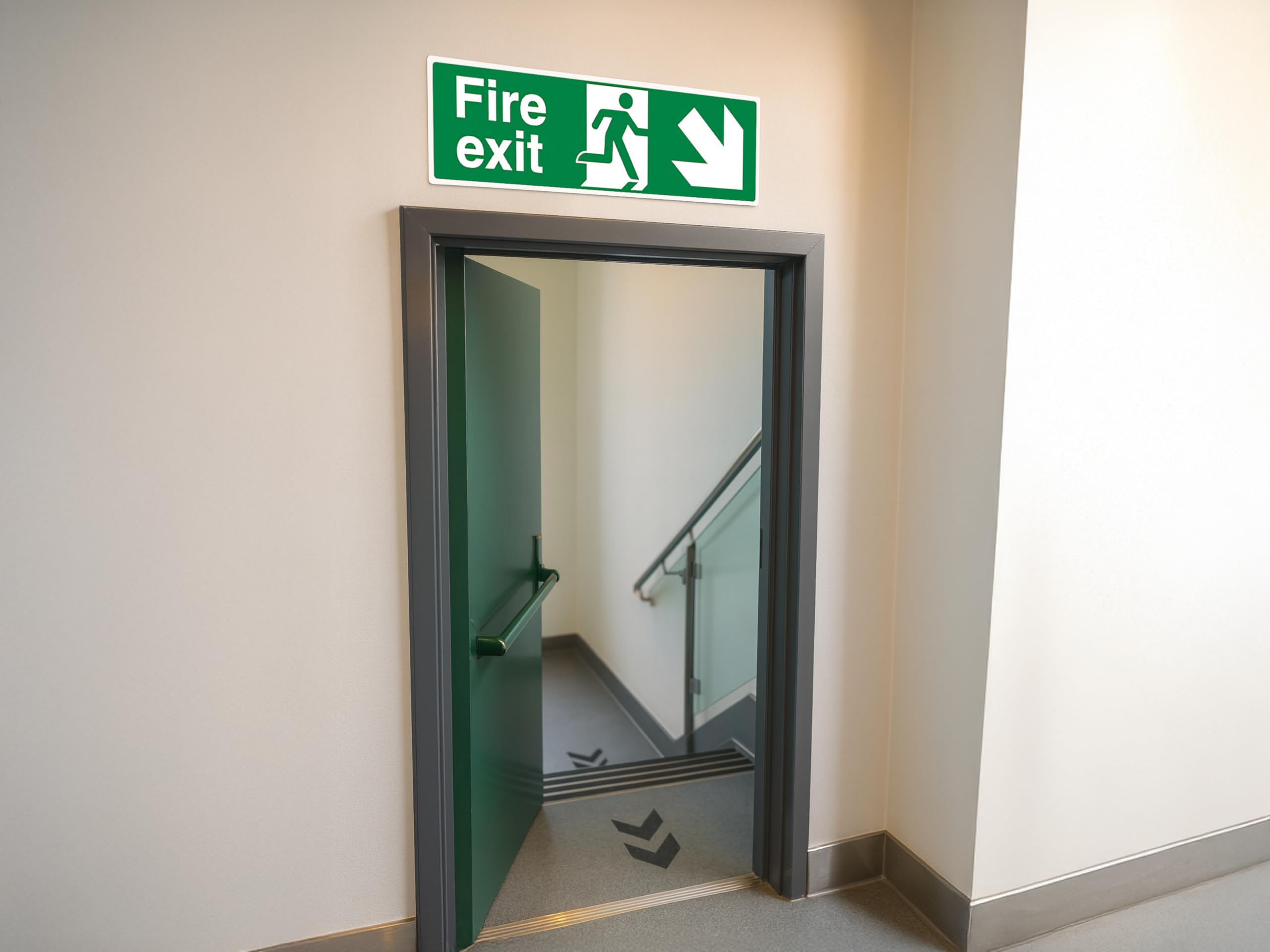 The Workplace Depot Fire Exit Down Right Direction Sign, 150H, PVC Pack 2