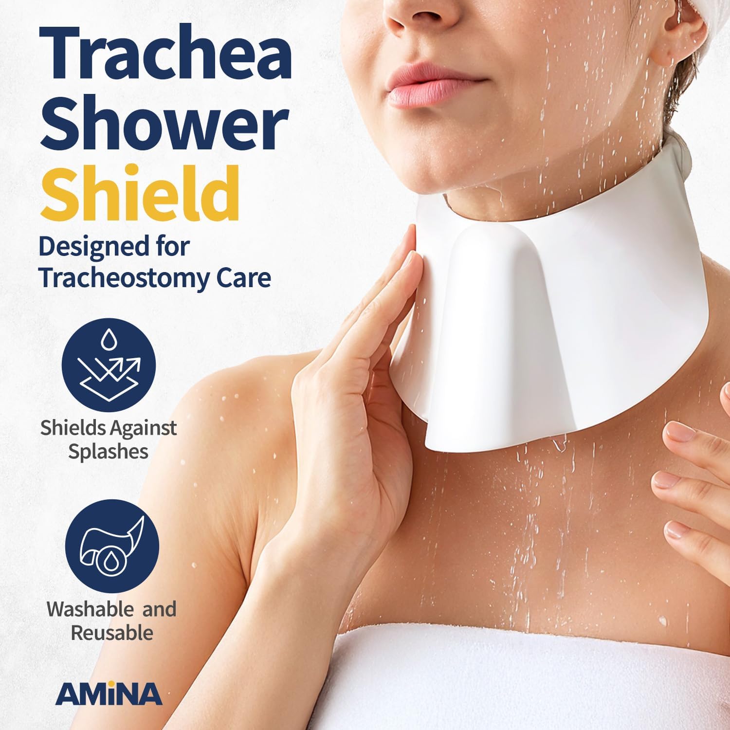 AMiNA Tracheostomy Shower Cover for Adults 15.5" to 22.0" – Soft Vinyl Neck Protector for Shower, Waterproof Tracheostomy Cover, Trach Shield, Skin-Friendly Stoma Guard, Adjustable Neck Fit
