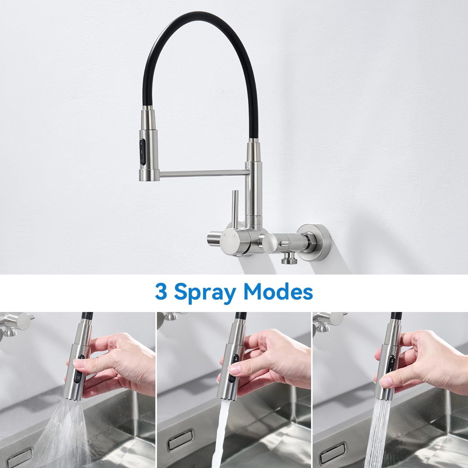 Wasserhahn Küche Wandmontage mit 3/4 Zoll Anschluss, Küchenarmatur Wand für Geschirrspüler/Waschmaschine, Wandarmatur mit 3 Strahlarten, 360° Drehbar Flexibler Auslauf, Gebürstetes