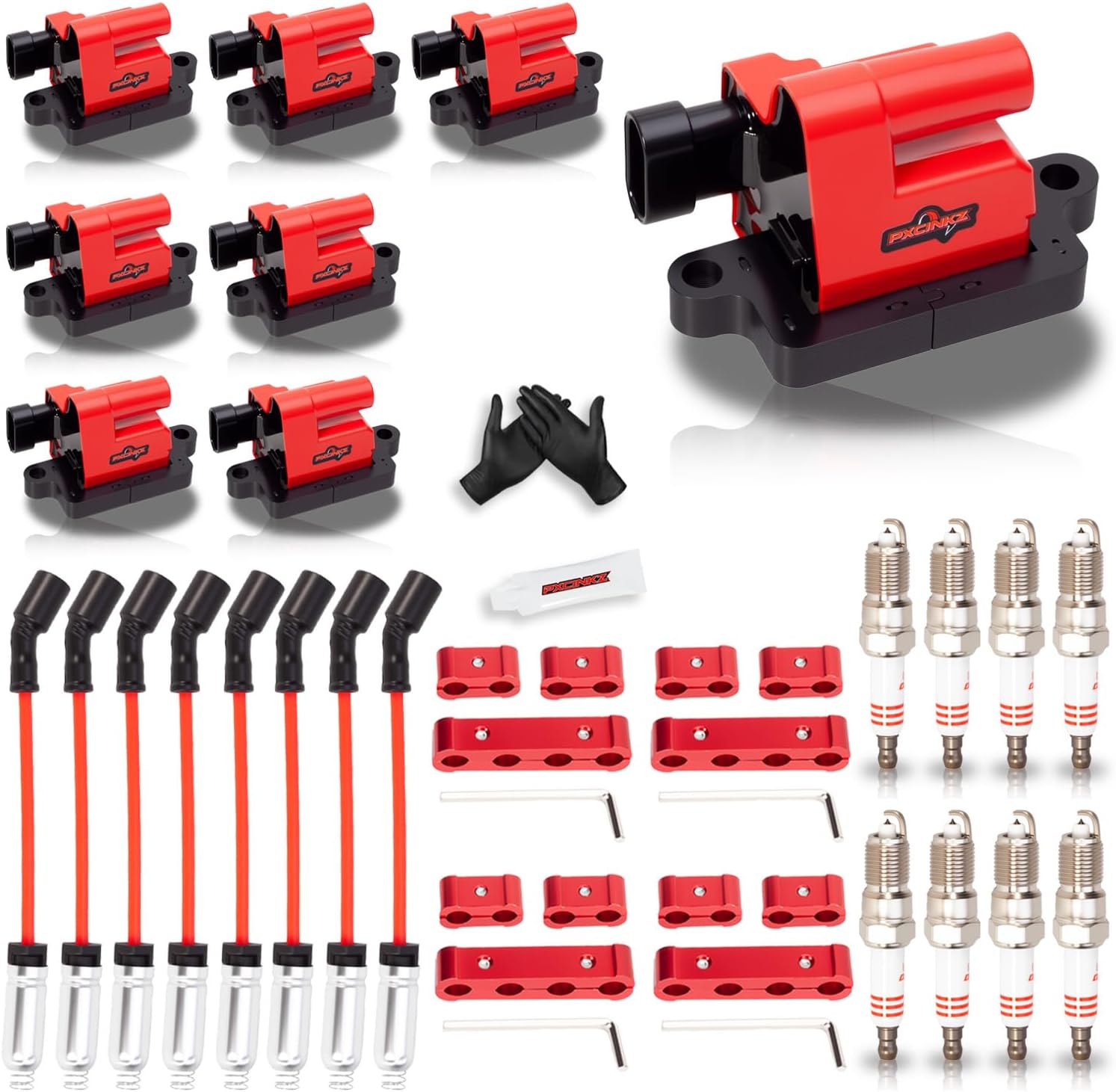 8 Pack Red Square Ignition Coil Pack and Spark Plugs and Wires Set for Chevrolet Chevy Silverado 1500 2500 HD Avalanche Suburban Express GMC Savana Sierra, for Hummer H2 4.8L 5.3L 6.0L Replaces UF271