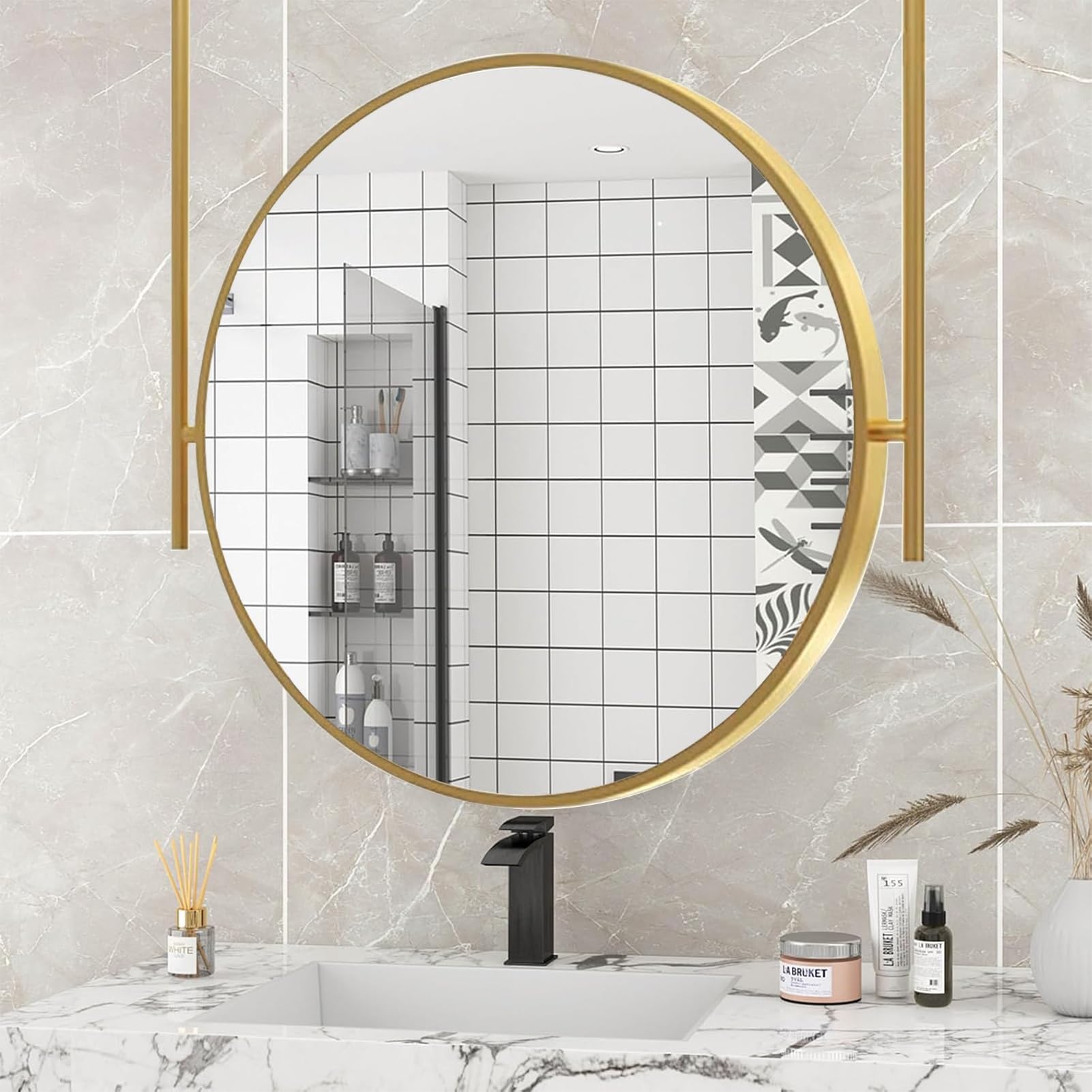 WJFTODAY Large Round Gold Bathroom Mirror - 27.6" Metal Framed Vanity Makeup Mirror for Home & Hotel, Ceiling Hanging Decorative Wall Mirror, Elegant Floating Design
