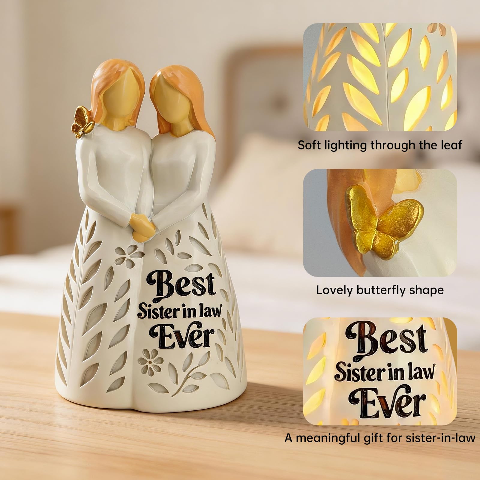 Sister in Law Gifts, Best Sister in Law Ever Figurine Light with Remote Control - Mothers Day Birthday Christmas Wedding Gifts for Women, Cream-White Resin Lamp (No Batteries Included)