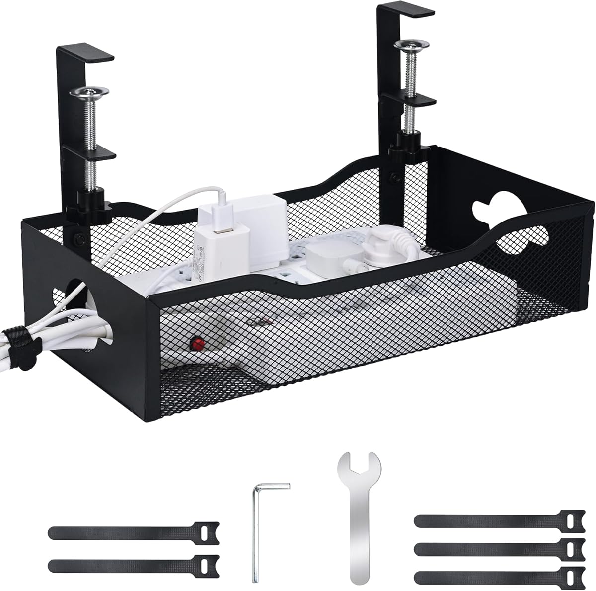 Large Under Desk Cable Management Tray - Heavy Duty Metal Cord Organizer with No Drill Installation for Office & Home Office Desks to Hide Wires & Power Strips (Black, XL)
