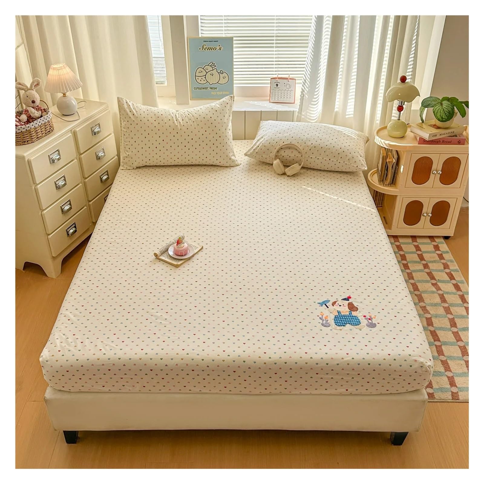 Printed Bed Sheets Baumwoll-Spannbettlaken mit Herzmuster, Bedruckt Gummizug, Einzel-/Doppelbett-/Queensize-Größe, weiches Cartoon-Design(Color 3,150x200x30cm 1pc)