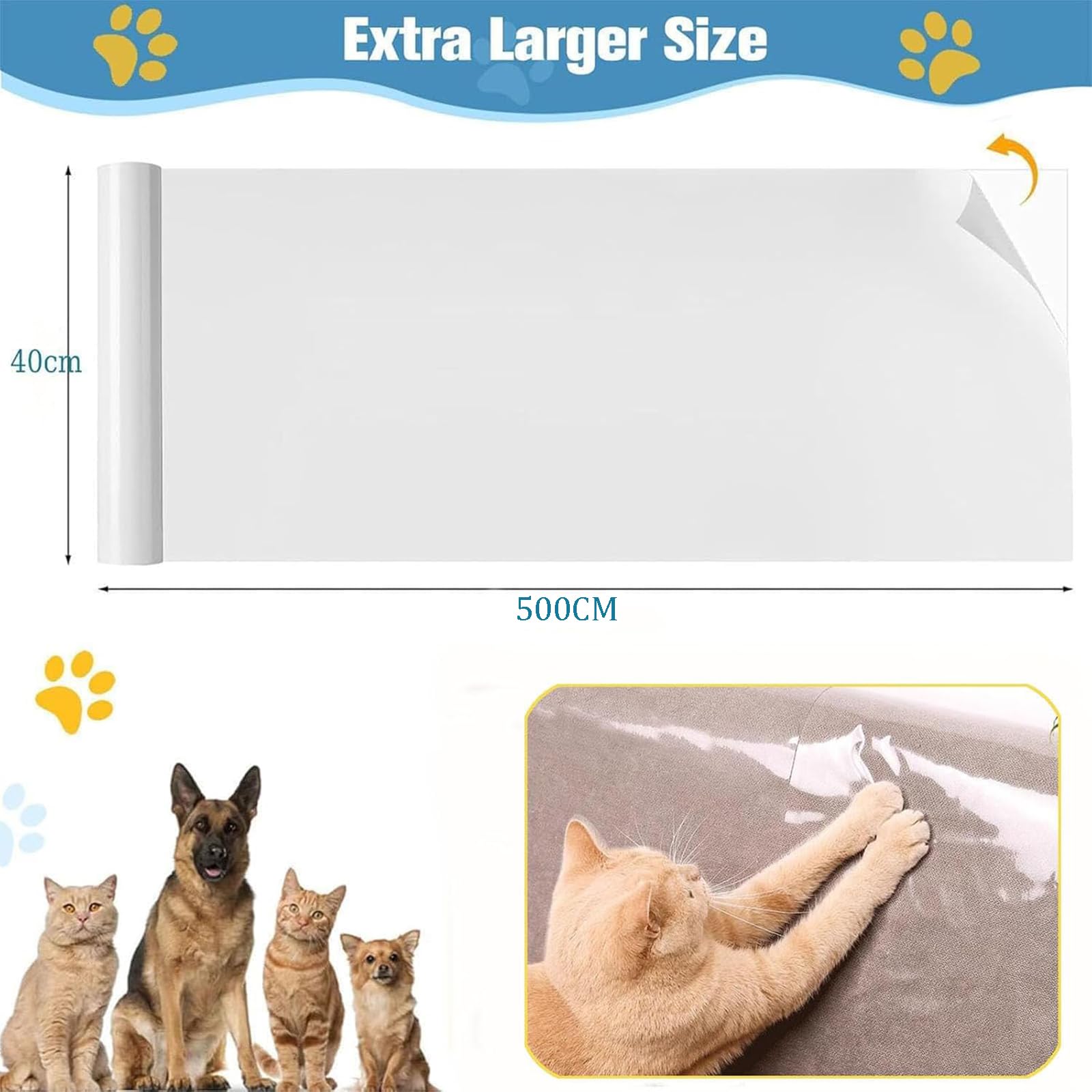 Protection Canape Chat Anti Griffe 40x500cm, Protecteur De Rayure De Chat Autocollant pour Meubles Porte Mur Canapé Comptoirs Armoire