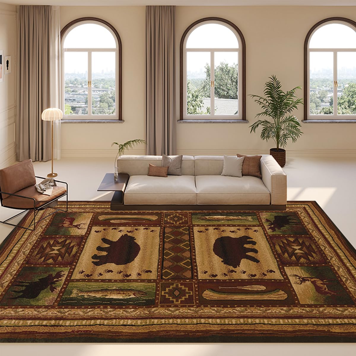 Vintage Moose Bear Cabin Area Rugs for Living Room Rustic Lodge Throw Rug Repeated Bordered Floor Carpet Mat Home Office,5'x8'