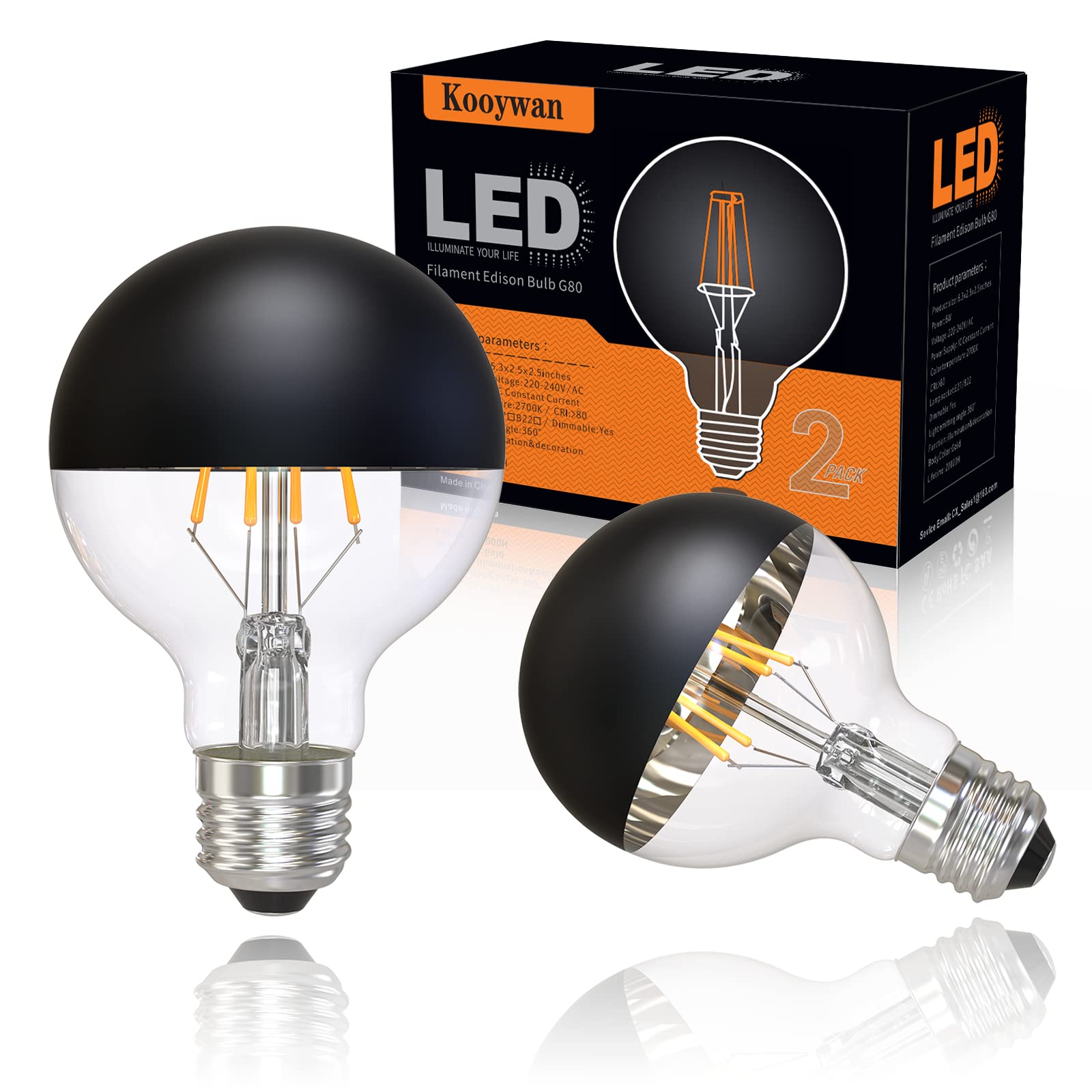Black LED Light Bulb Vintage E27 Screw Cap 2700K Warm White Half Chrome Crown Mirror G80/G25 Globe Shape Dimmable Decorative Edison LED Bulb 6W by KOOYWAN-Pack of 2, G80 Black Light Bulb (G80E27 6W)