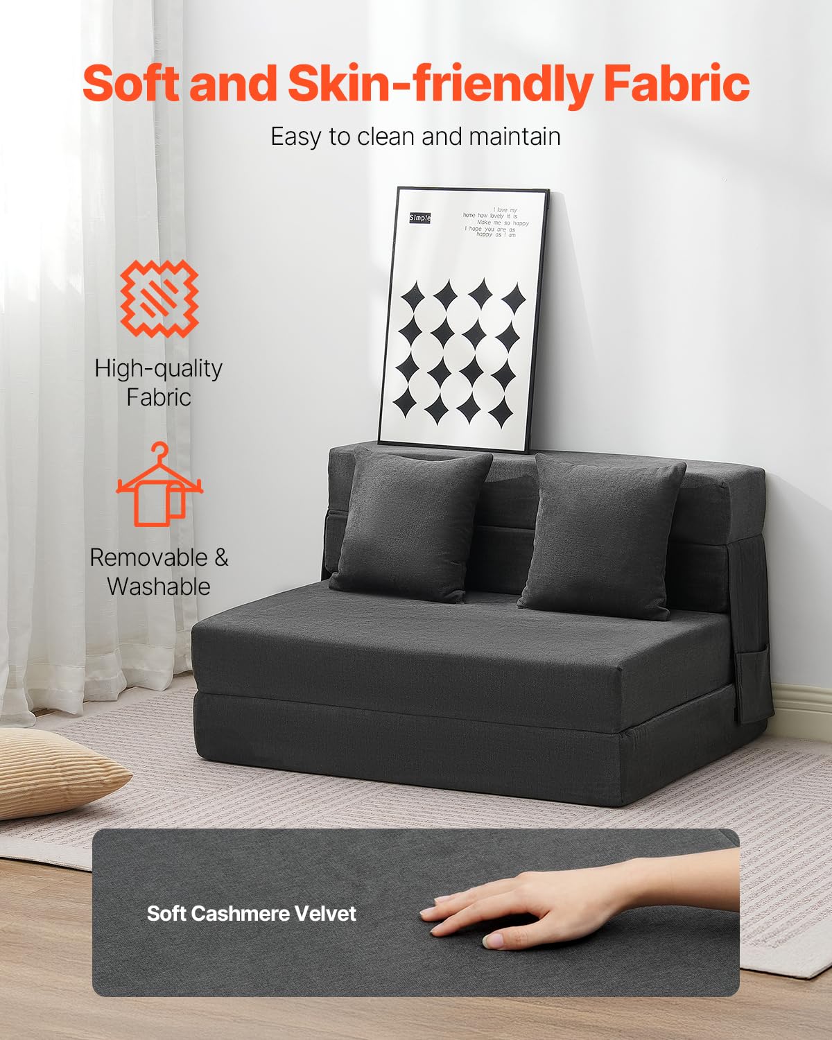 VEVOR Divano Letto Pieghevole con 2 Cuscini e Fodera Lavabile, Poltrona Letto Trasformabile in Memory Foam ad Alta Densità 25D, Divano Futon per Soggiorno, Camera da Letto, Grigio Scuro Singolo