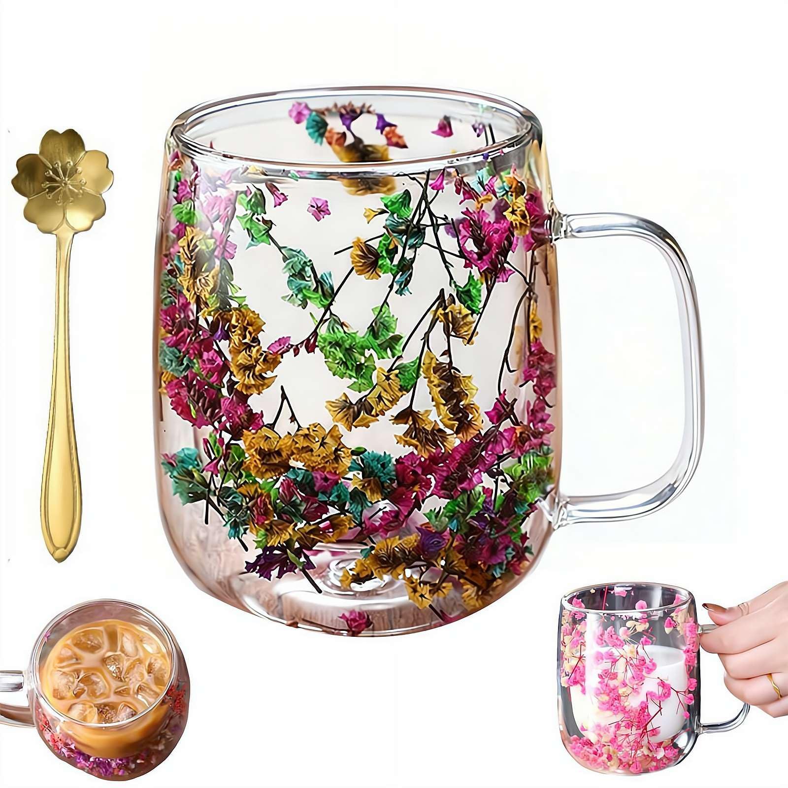 Dried Flowers Glass Mug, 15.2oz Double Wall Insulated Coffee Cup with Real Flowers Inside, Style a, 440ml/15.2oz