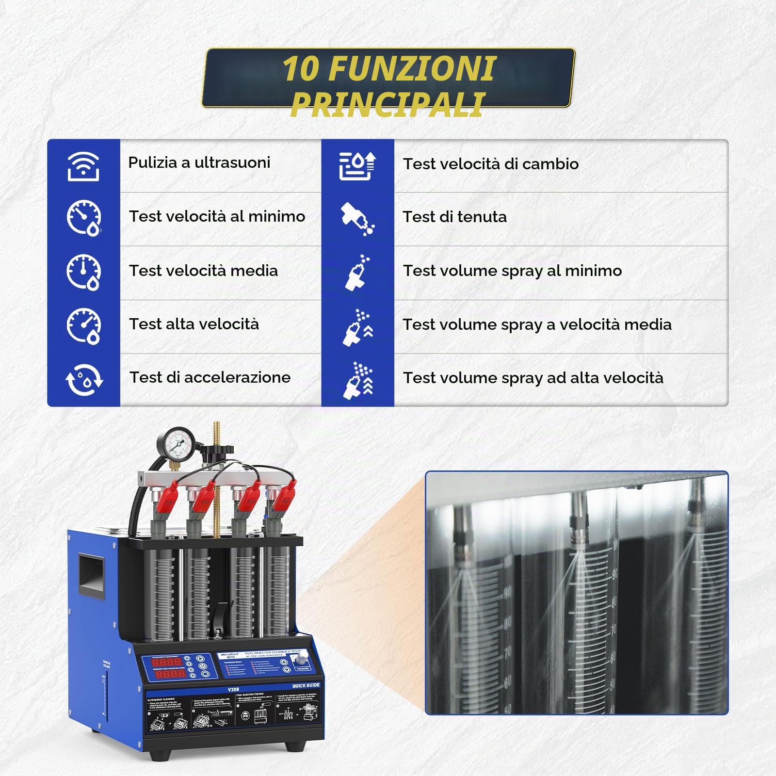 Ultrasuoni Iniettore Pulitore & Tester con Riscaldamento 45℃ | 4 cilindri Compatibile per Auto, Moto & Carburanti Iniettori Comuni, Rimozione del Carbonio Efficace & Test Funzionale