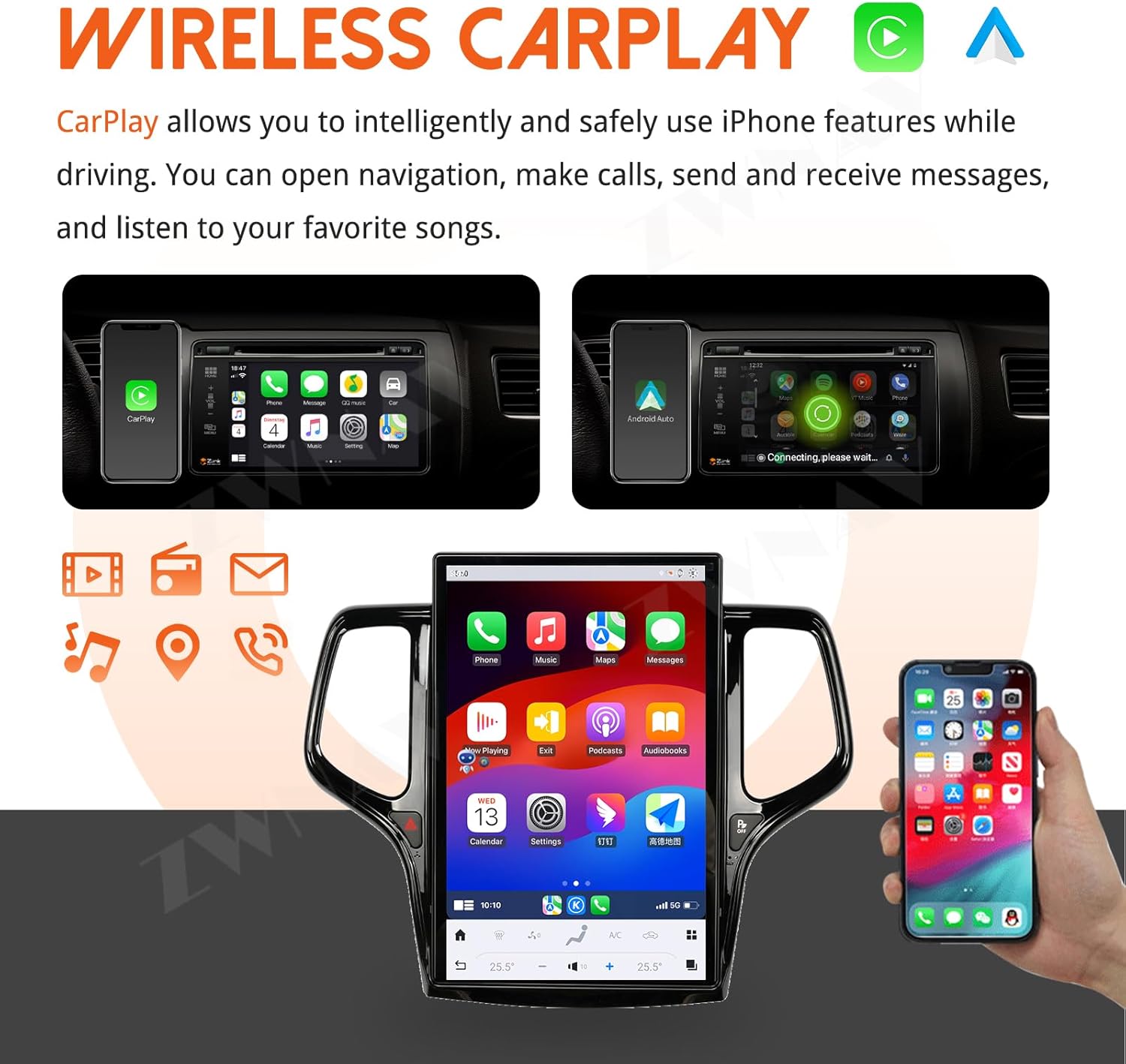 Image illustrating Wireless CarPlay and Android Auto functionality on the ZWNAV car stereo, showing iPhone and Android phone interfaces mirrored on the large screen.