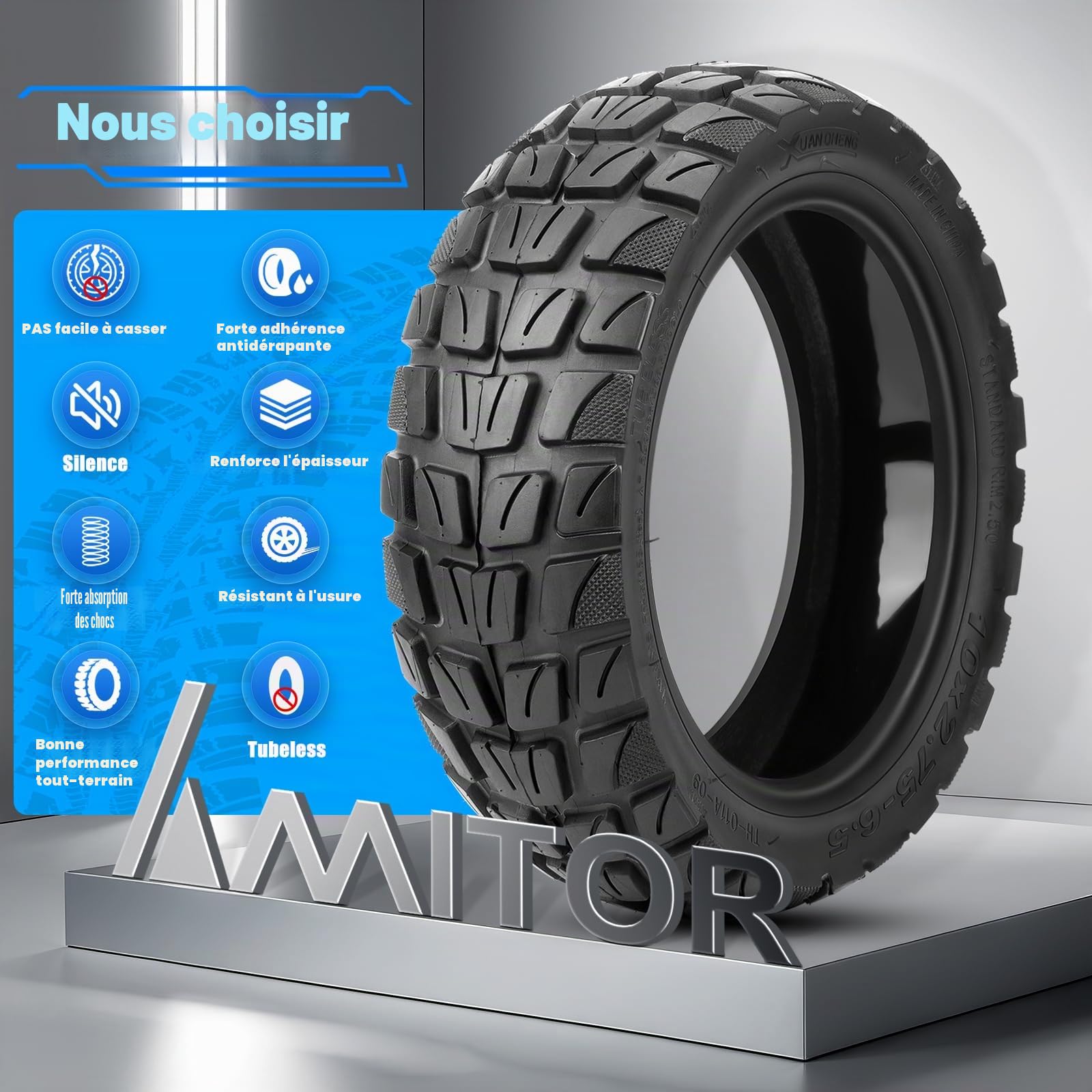 Pneu 10x2.75-6.5 Tubeless Offroad pour Kukirin G2 Master Trotinette, Pneu Tubeless 10x2.75-6.5 avec Gel Auto Réparer, 10 Pouces Pneu Sans Chambre a Air avec Valve, Anti-Usure & Dérapant, 1PCS