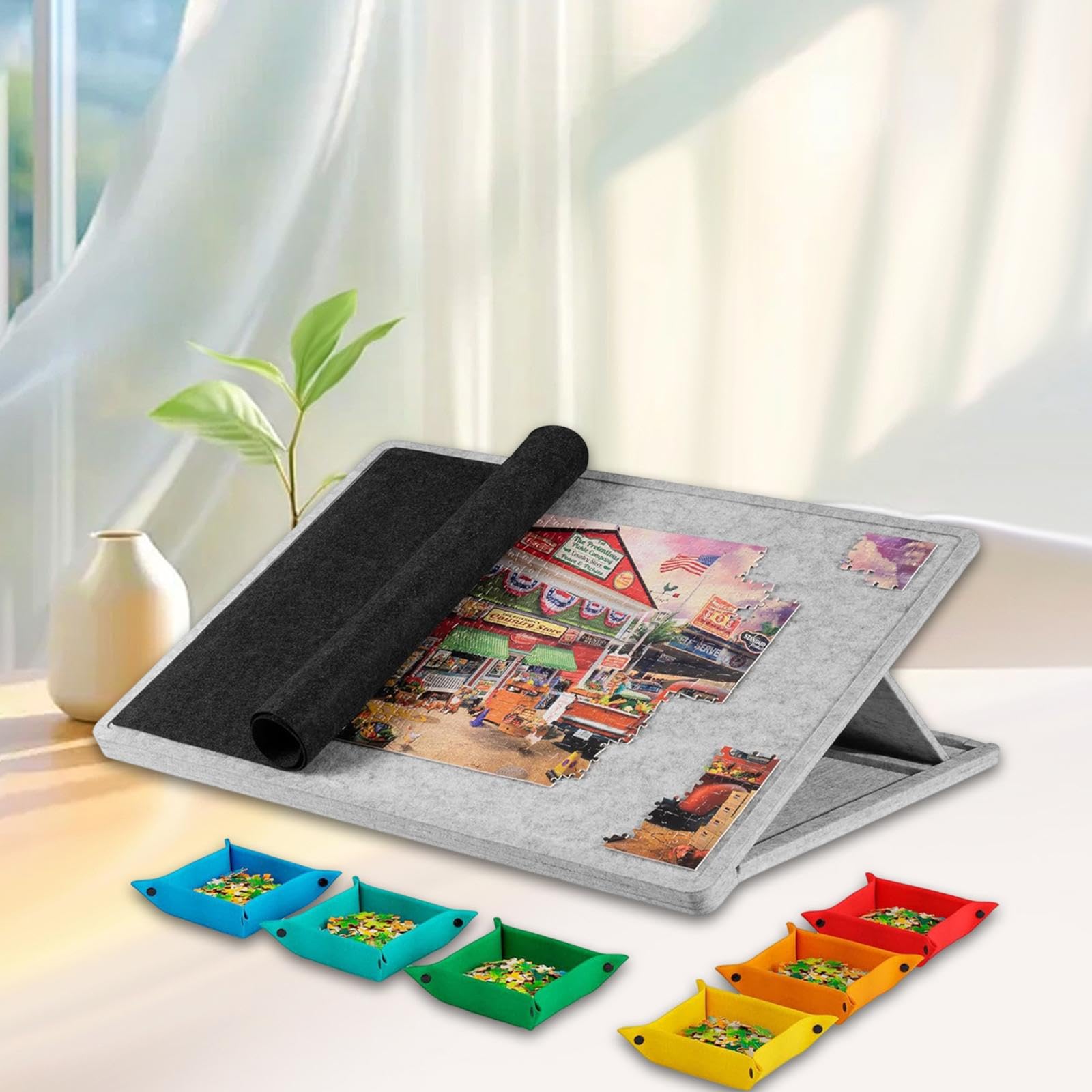 Tablero de Rompecabezas con Inclinable Mesa de Juego con Soporte de Montaje Y Superficie de Fieltro Ajustable Adecuado para Regalar a Hombr, Gris Claro