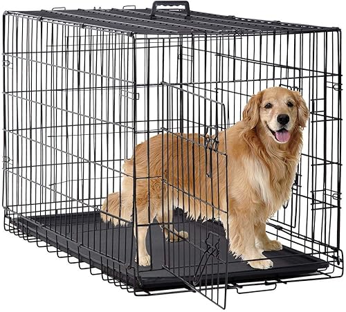 Jaulas extra grandes de 48 pulgadas para perros con doble puerta, panel divisor, asa, bandeja extraíble de plástico a prueba de fugas, plegable XXL