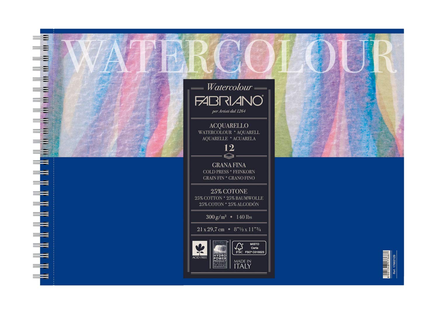 FABRIANO - Watercolour - Bloc Spirale Feuilles microperforées 21x29,​7 cm - 300 GSM - 12 Feuilles Grain Fin