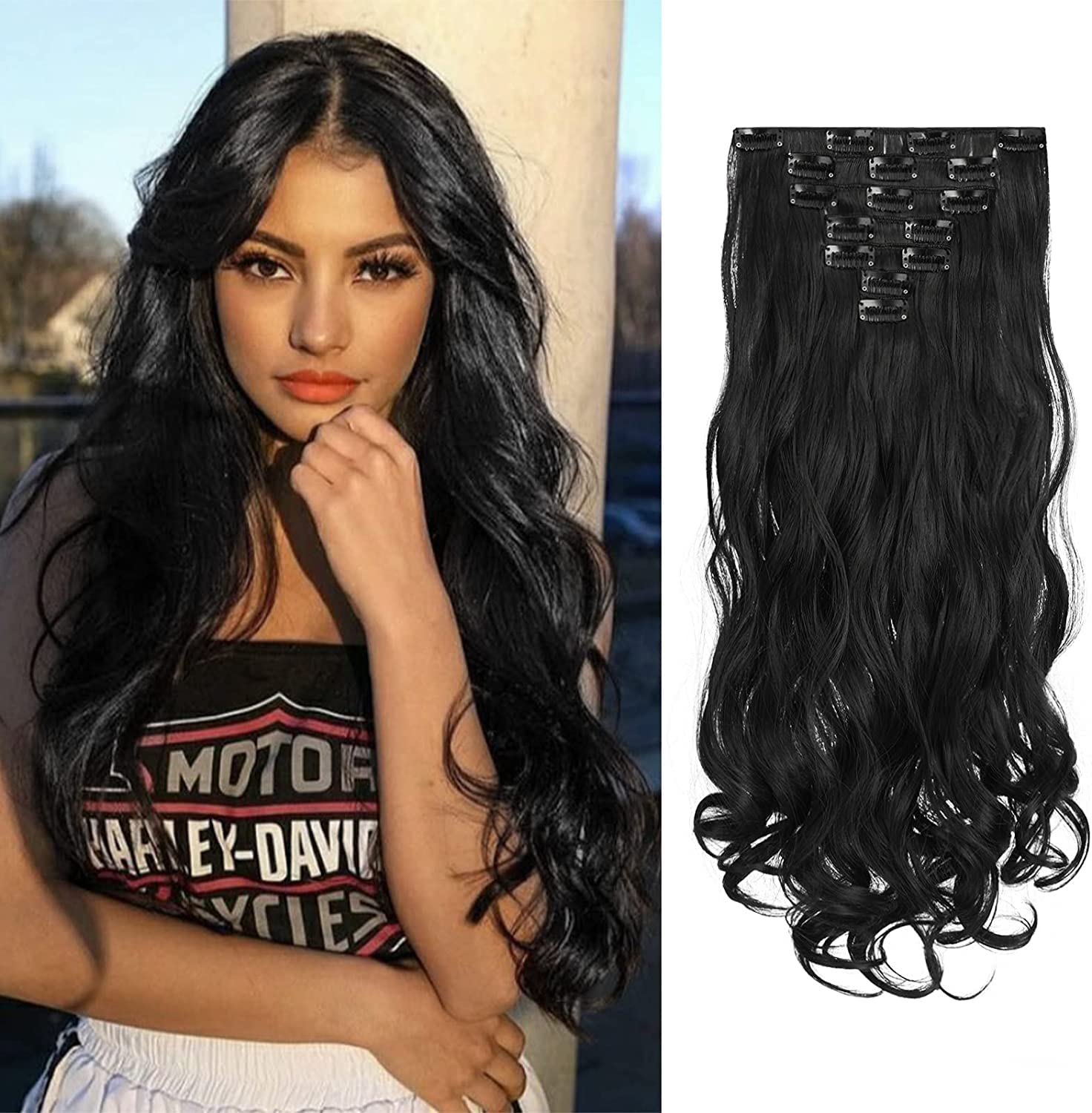 Goodern Long Curly Clip in Hair Extensions Synthetic Fiber Soft Hair Extension Heat Resistant Waves Thick Full Head Hairpieces for Women Daily Use Look Natural Hair Making 50CM-Off Black