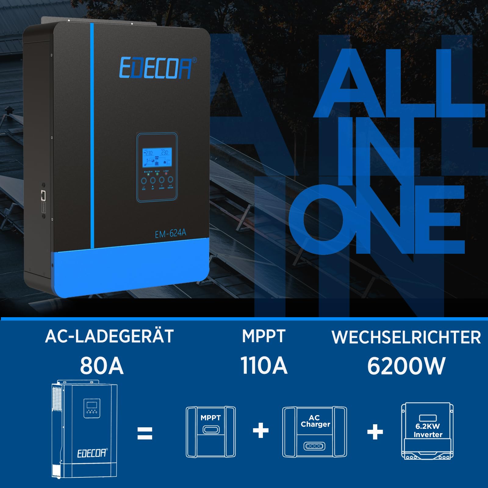 EDECOA 6200w Hybrid Wechselrichter 48v auf 230v 7000VA/6200W Solar Ladegerät MPPT 110A Reiner Sinus (Off-Grid) mit Batterieladegerät, Netzpriorität, Solarladeregler (Kompatibles WiFi-Modul)