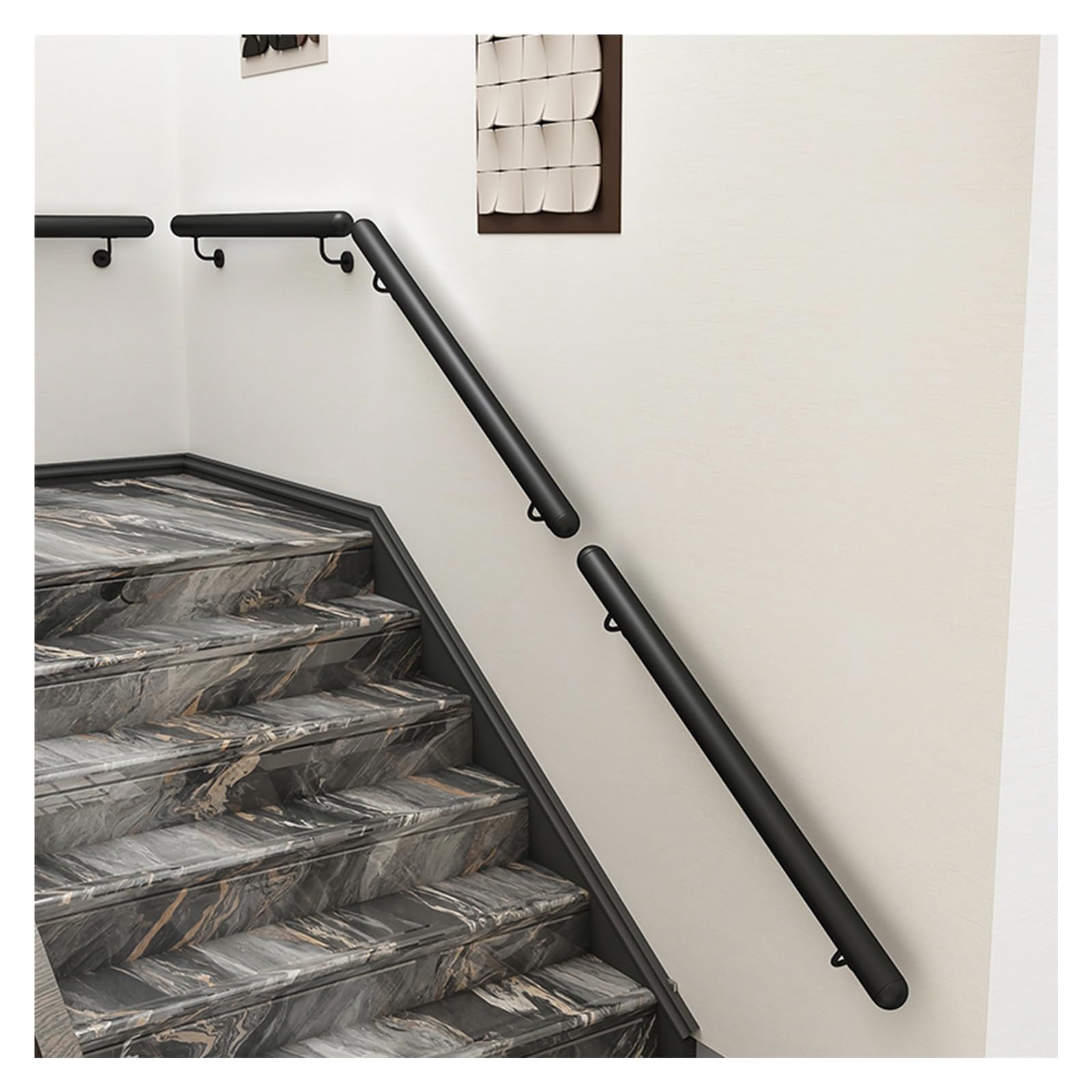 Rampe d'escalier en acier inoxydable ronde et main courante murale bois béton brique 3m