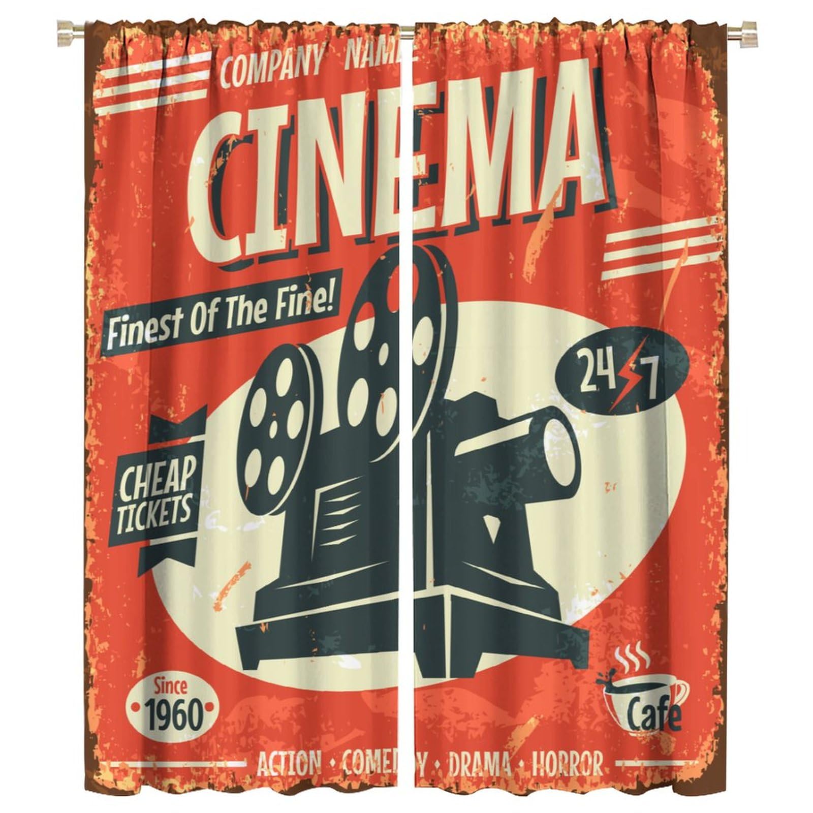 BenYaSong Movie Retro Cinema Blackout Window Curtain Film Vintage Camera Old Style Print Drapes for Living Room Bedroom Kitchen Restaurant Window Curtain Drapes 2 Panels 42x54 Inch