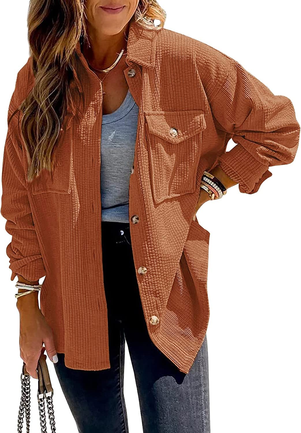 Beyove Women's Corduroy Shirt Long Sleeve Button Down Shacket Jacket Casual Oversized top with Pockets