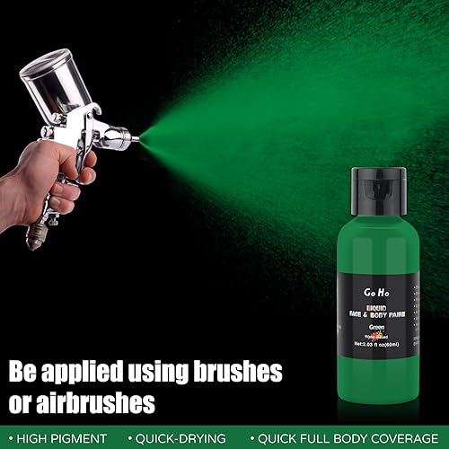 Miniatura 3 de Go Ho Pintura facial y corporal verde líquida (2.1 onzas), maquillaje verde a base de agua y pintura corporal para aerógrafo maquillaje especial FX,