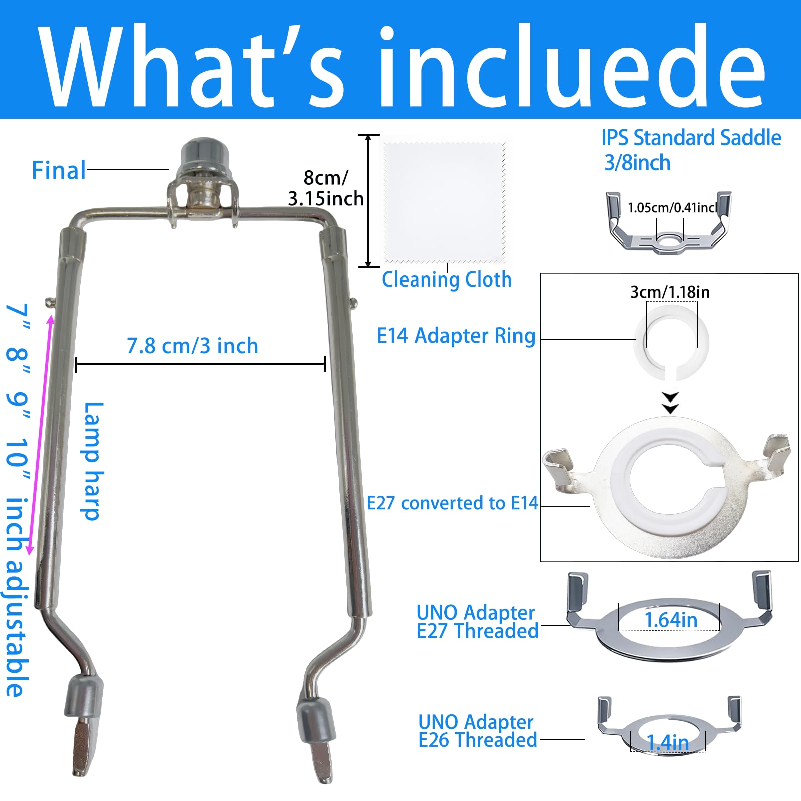 Soporte de arpa para pantalla de araña, altura ajustable de 7/8/9/10 pulgadas, silla estándar de 3/8 pulgadas, base de luz E14/E26/E27, convertidor de adaptador de ajuste UNO, kit de lámpara 3