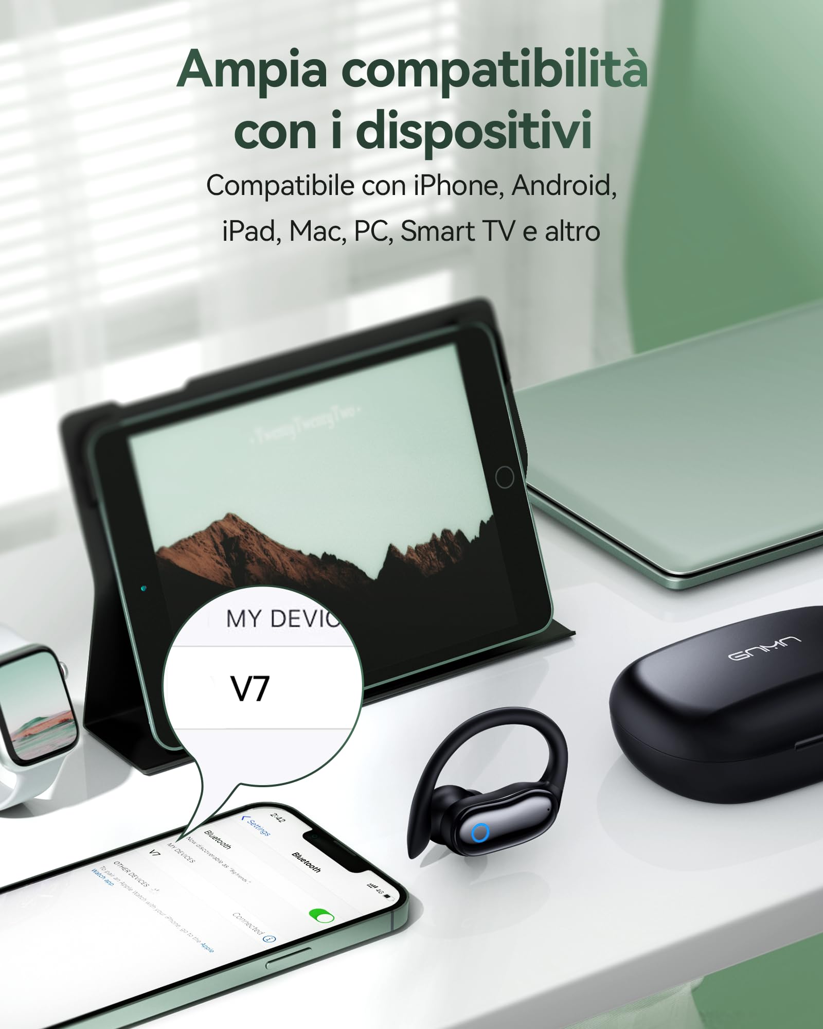 Cuffie Bluetooth Sport 5.3 con Gancio per Orecchio, ANC -30dB e Mic ENC, Auricolari 16mm Bass Stereo, 96 Ore Autonomia, IPX7 Impermeabili, Display LED – Ideali per Running e Palestra