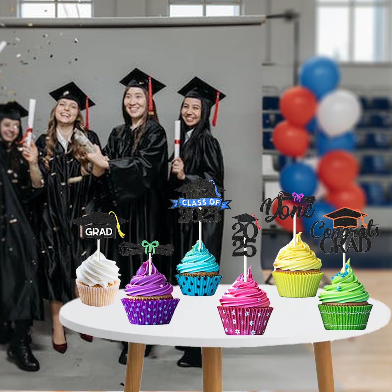 24 Stück Cupcake-Topper '2022 Graduation' – Glitzer-Aufsätze Für Abschlussfeiern, 6 Designs, Ca. 7–10 Cm