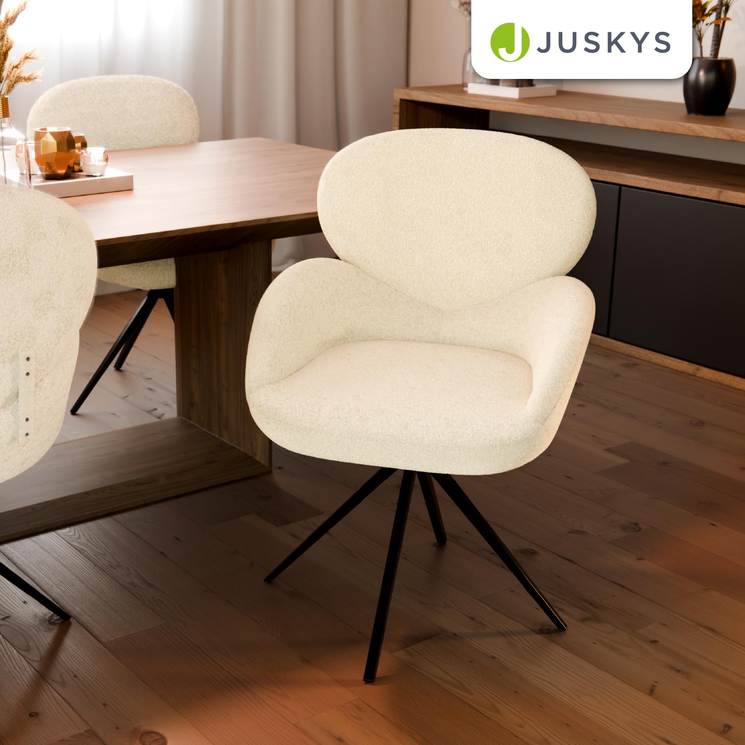 Juskys® Drehstuhl Albano - Bouclé - 360° drehbar & gepolstert, pflegeleichter Bezug, verstellbare Metallfüße, modern, für Esszimmer & Küche - Creme