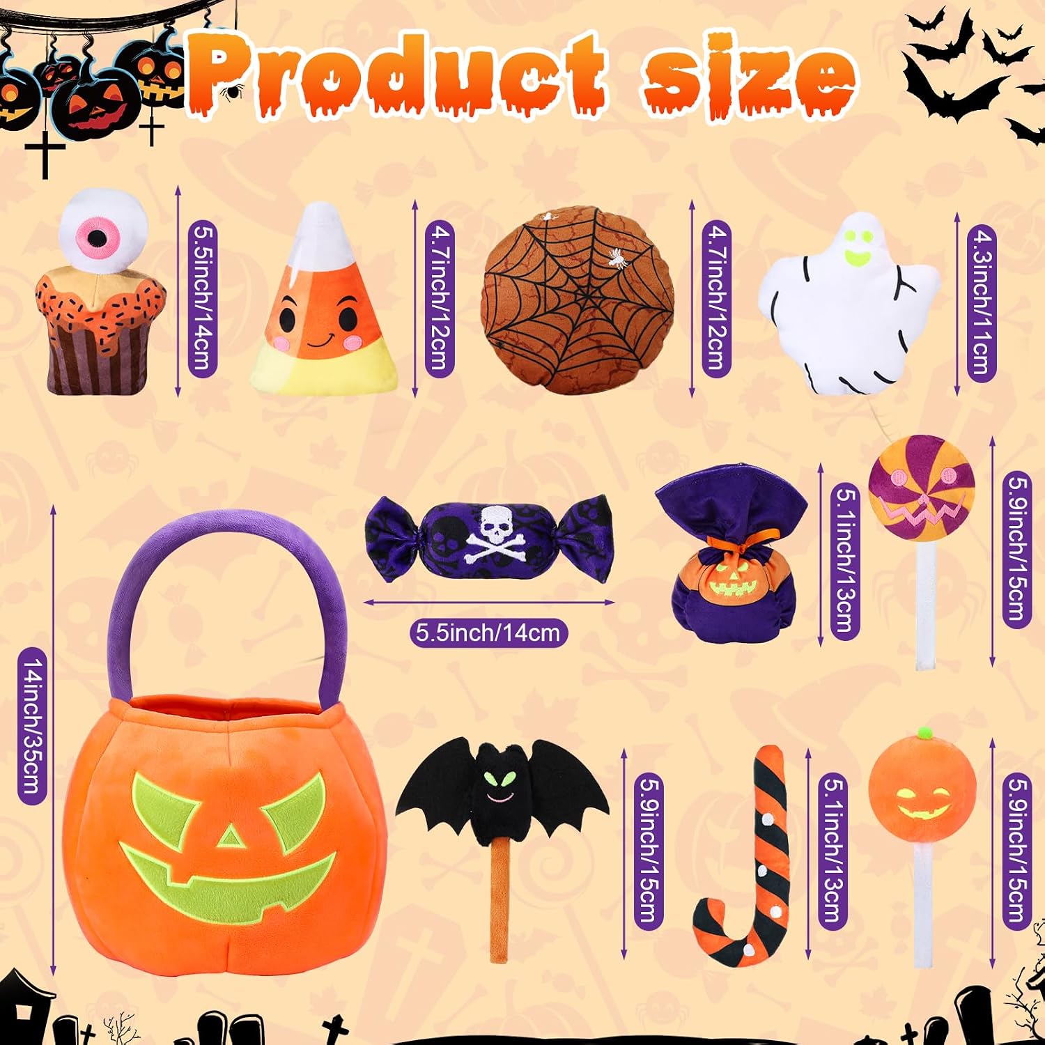 Liliful 11 Pcs My First Halloween Pumpkin Toys Playset, Glow in The Dark Stuffed Animals, 14" Large Plush Pumpkin Basket with Ghost Bat Spider Candy Corn for Baby Girls Boys Gifts Party Favors