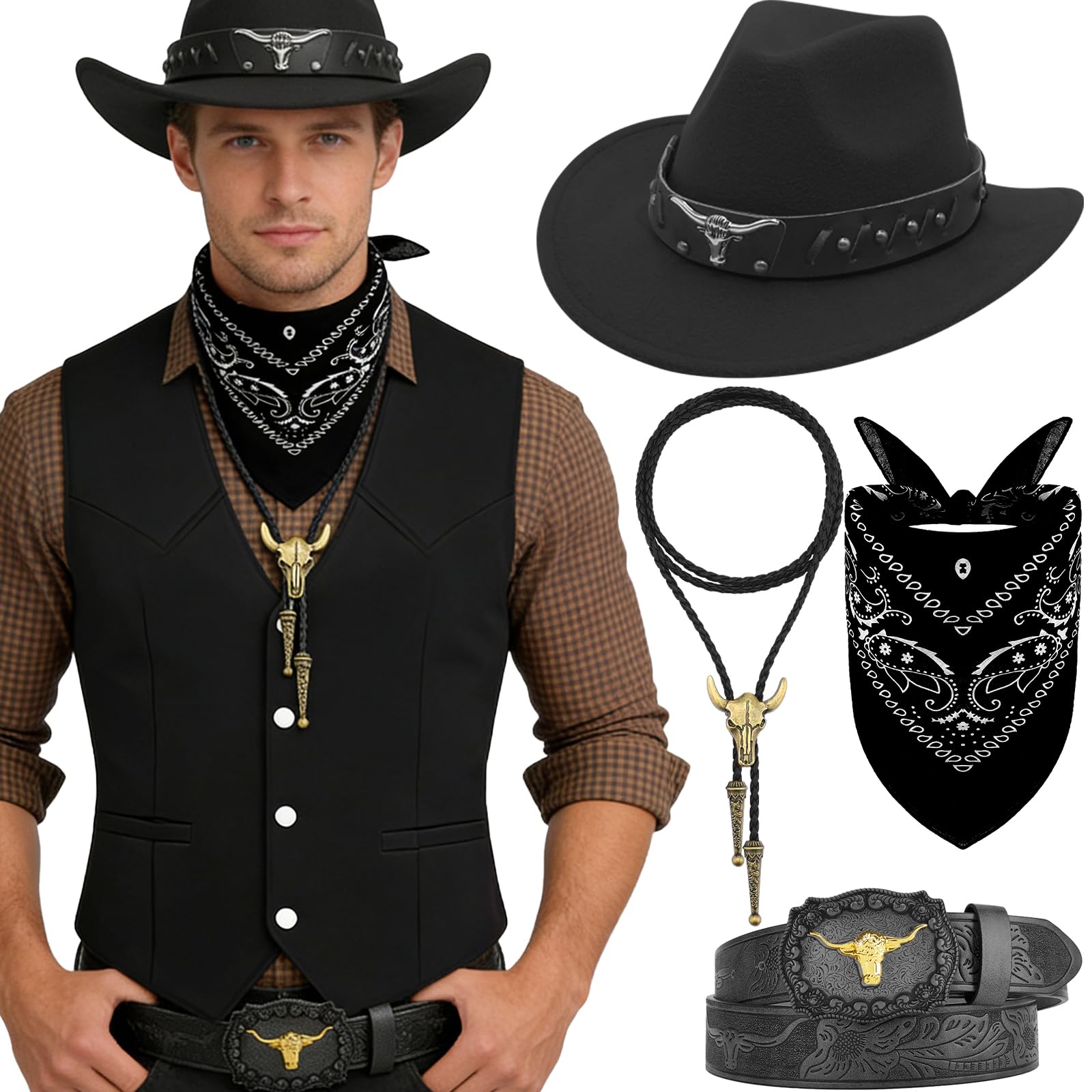 Wynlora 5Pcs Men’s Cowboy Outfits Set,Western Cowboy Fancy Dress with Waistcoat Wide Brim Hat Belt Paisley Bandanna Bull Head Necklace Wild Western Accessories for Adult Cosplay (Black, L)