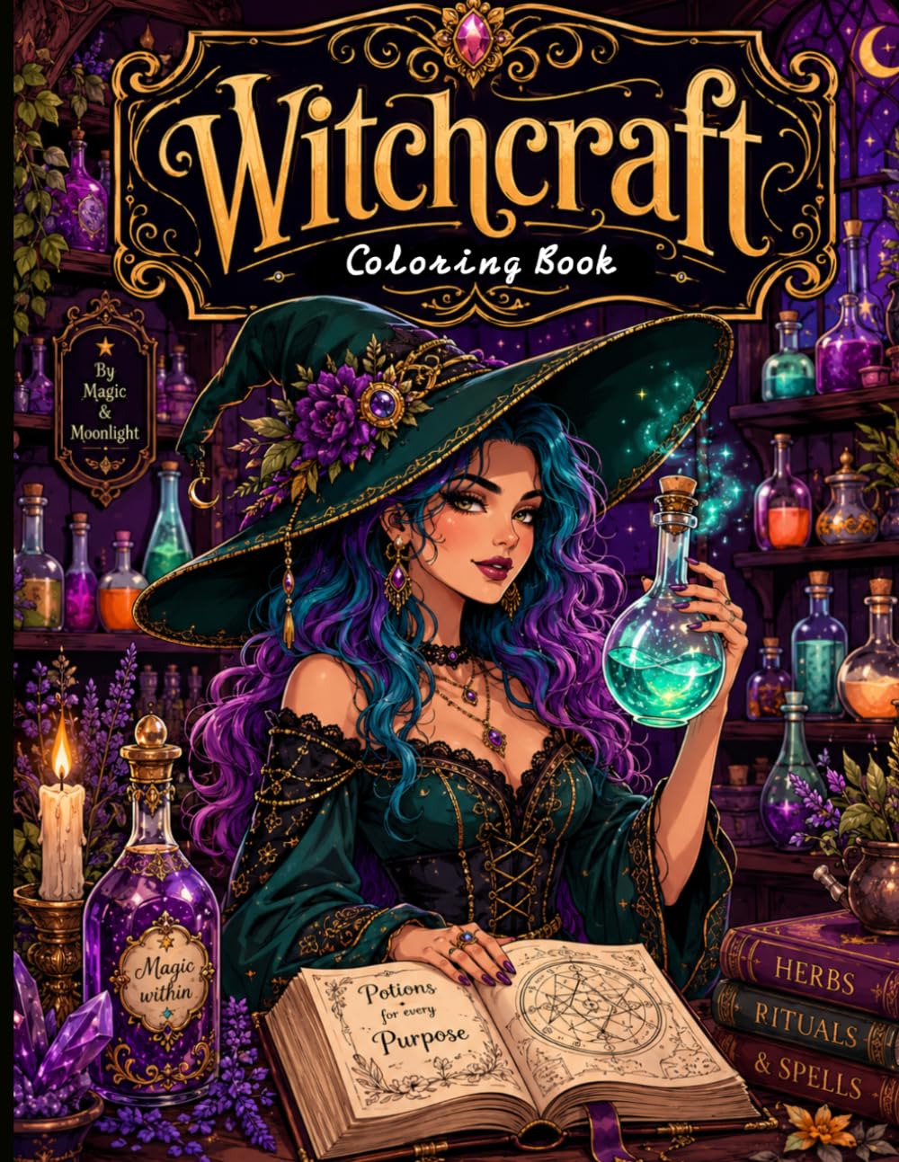 Witchcraft Coloring Book: Cute Spooky Magic and Enchanting Halloween Designs for Adults.