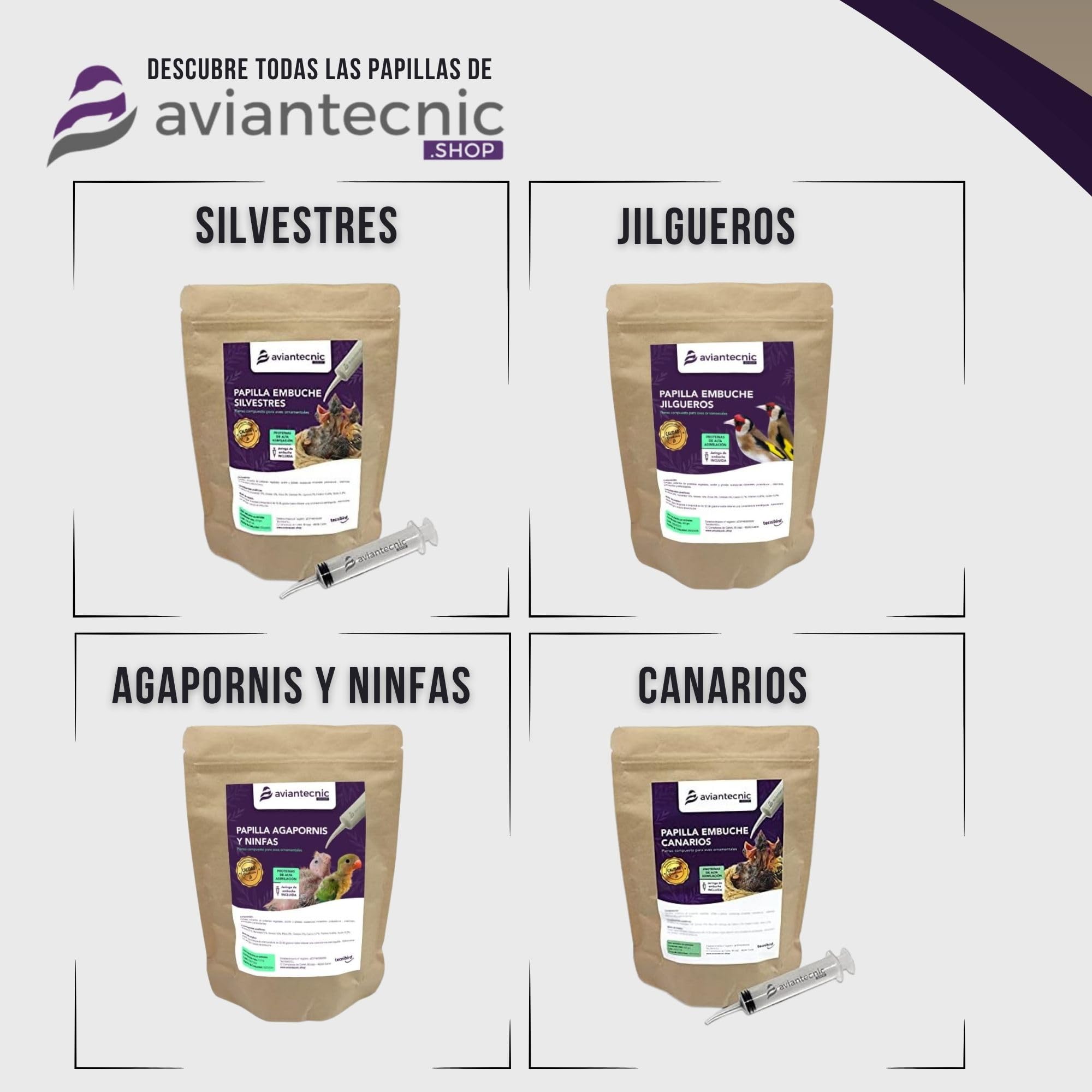 Aviantecnic Papilla Embuche Jilgueros | Alimento Complementario para Pájaros Ornamentales | 400 g con Jeringa de Embuche Incluida