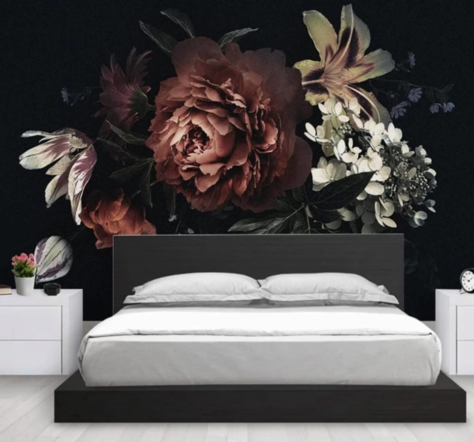 XLMING Creative Black Hand Drawn Lilies Peonies 3D Wallpaper Luxury Silk Study Dining Feature Sofa Grey Bedroom Living Room Tv Decorative Wall-400cm×280cm