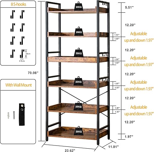 Miniatura 3 de HCHQHS Estantería abierta ajustable de 6 niveles, estantes rústicos para libros, estantes industriales de madera y metal negro, estantería de