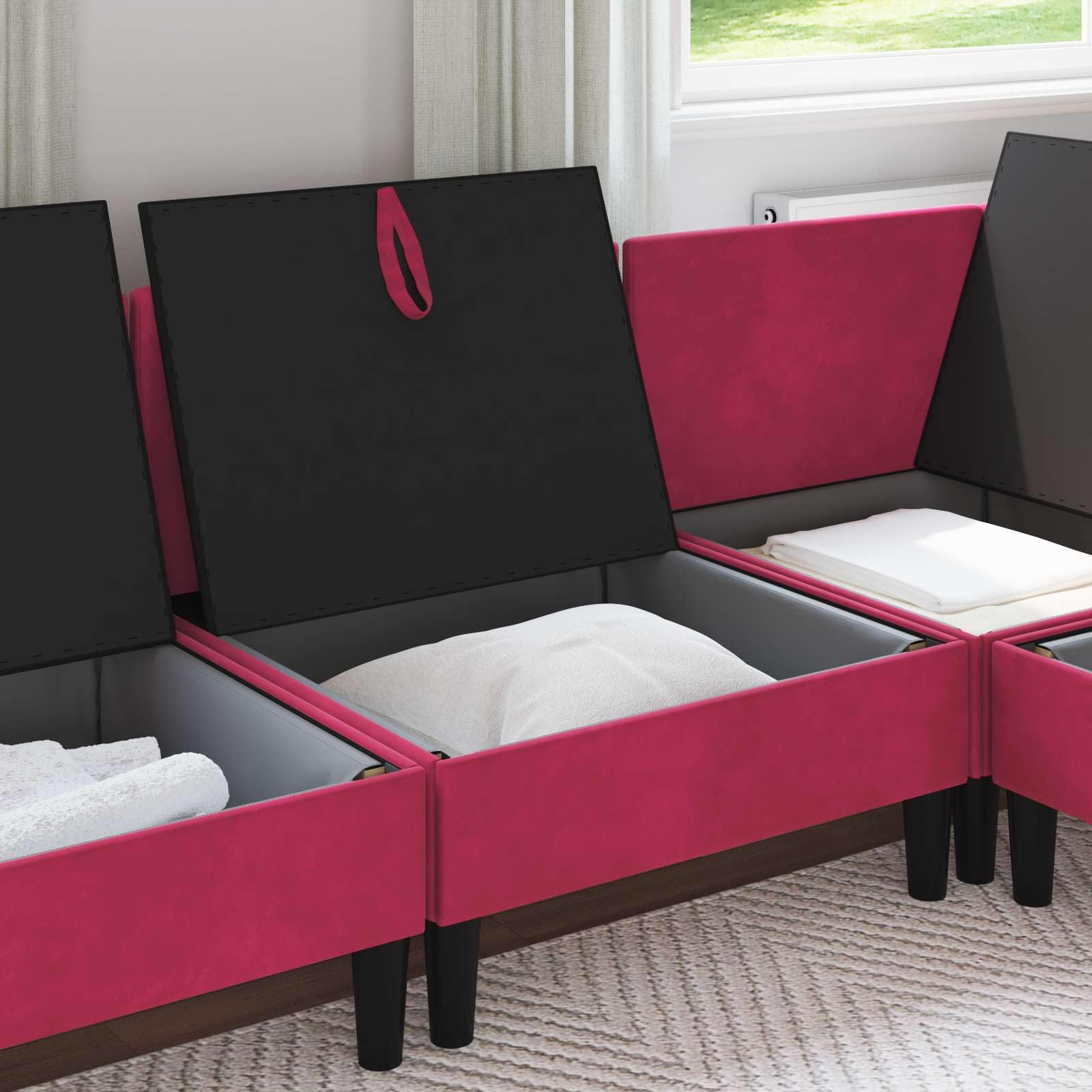 Sofá con espacio de almacenamiento de terciopelo rojo vino, muebles tapizados modernos, dos plazas, con función de cama, función relax y asiento plegable, adecuado para salón, habitación de