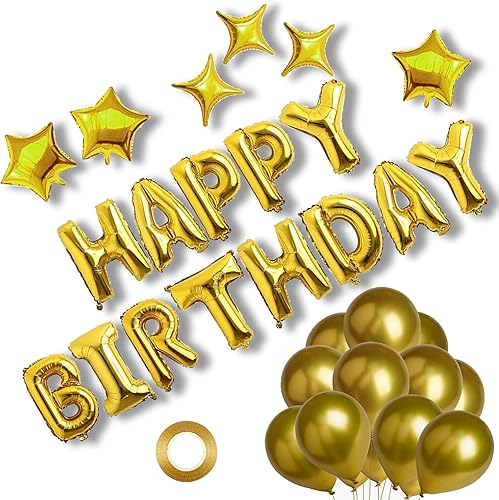 Cartel de globos de feliz cumpleaños con letras decorativas de fiesta con 6 globos de película de aluminio en forma de estrella y globos de látex