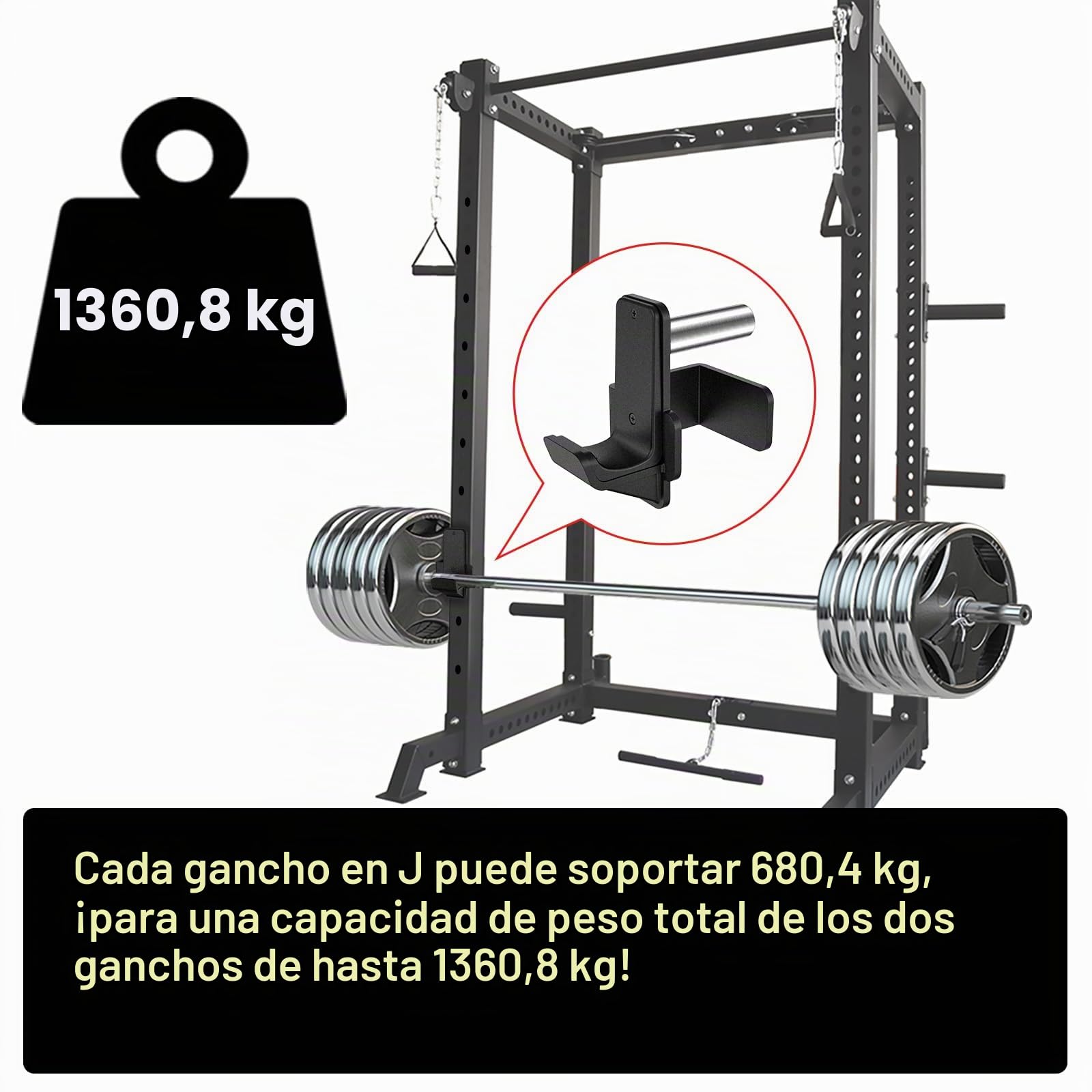 Kipika Ganchos en J para rack de potencia de 3 x 3 pulgadas con agujero de 5/8" o 1" - Ganchos de acero reforzado en la parte inferior con almohadillas de goma - Accesorios de rack de sentadillas de