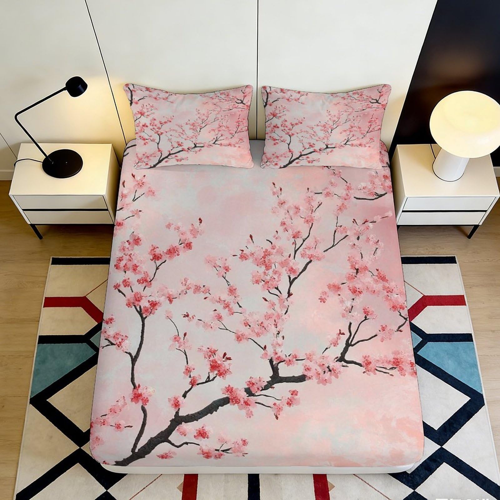 3D Printed Sakura Blossom Fitted Sheet Microfiber Soft Pink Plum Branch Mattress Cover Bedroom Decor Protection 90x200x25cm