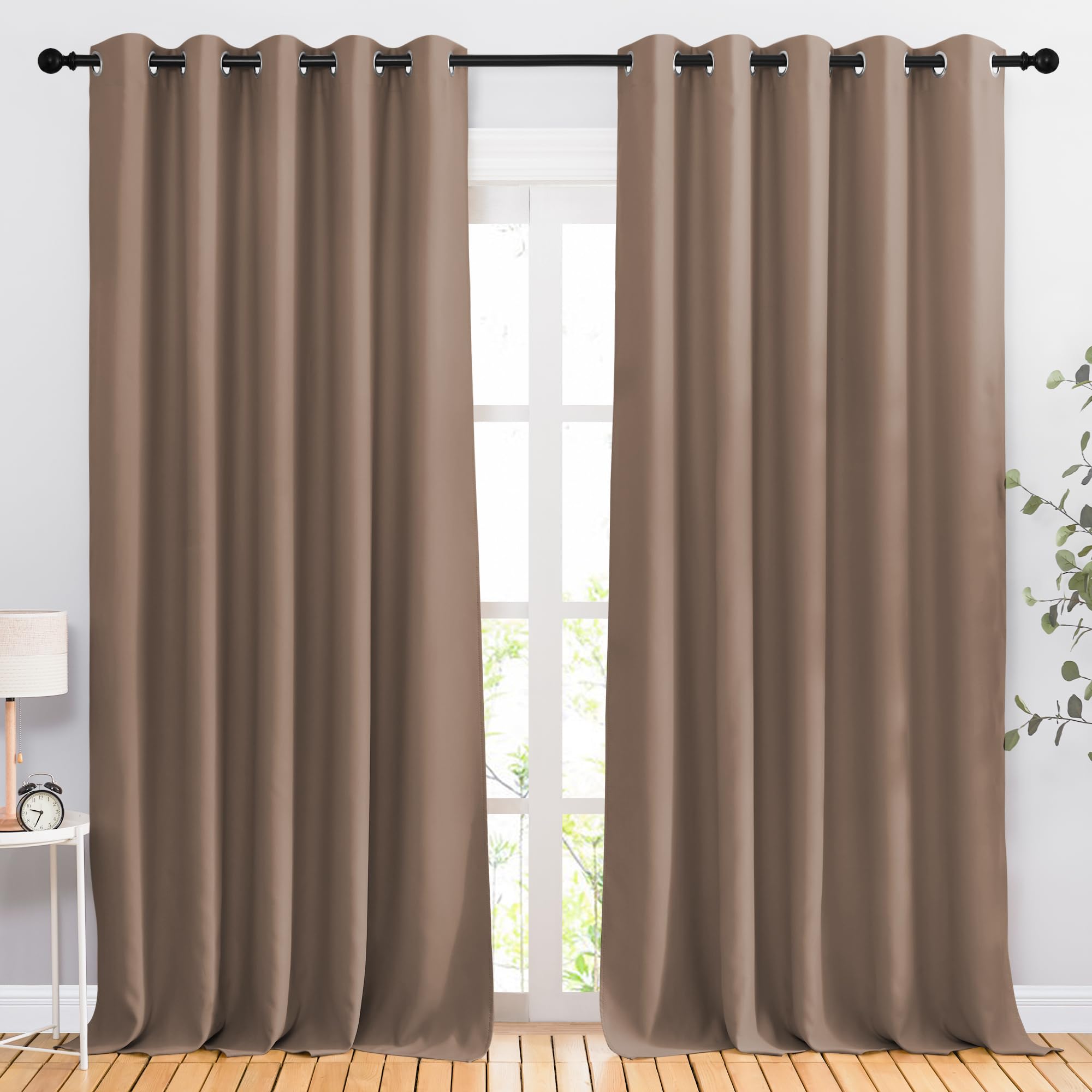 NICETOWN Kitchen Blackout Curtains and Drapes - Triple Weave Energy Saving Thermal Insulated Solid Grommet Blackout Panels for Patio (1 Pair, 66 inches by 90 Inch, Cappuccino)