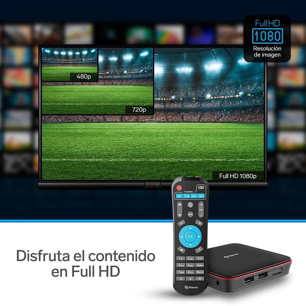 Pantalla de televisión que muestra una comparación de resoluciones 480p, 720p y Full HD 1080p, enfatizando la claridad de Full HD.