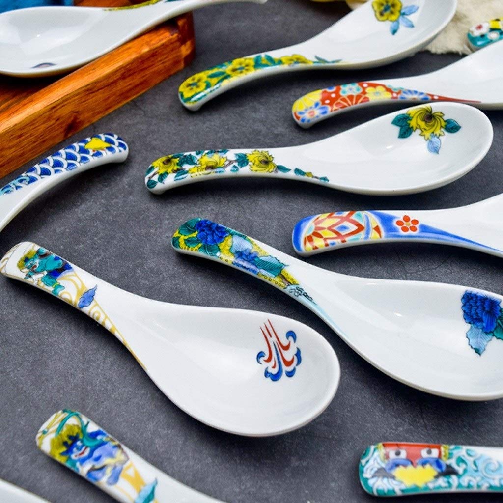 Cuillère Asiatique en céramique, Petite cuillère, cuillère Japonaise Domestique Faite à la Main pour Soupe, Bouillie, Dessert, Lot de 2 cuillères à Soupe(E)