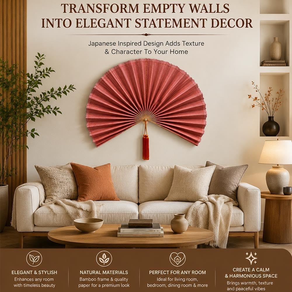 Abanico de Pared de Bambú 100cm, Decoración Japandi con Borla