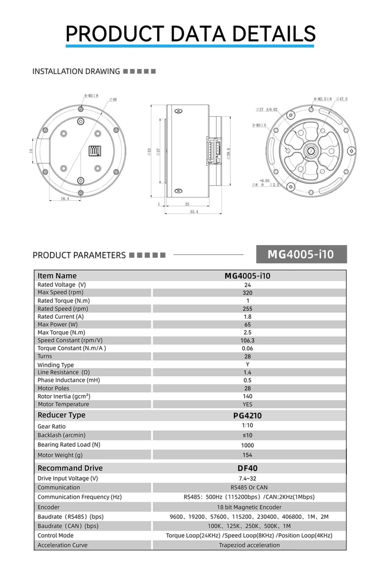 Servomotor BLDC MG4005-i10v2 RMD-X4 1/2.5Nm for robot – 24V CAN/RS485