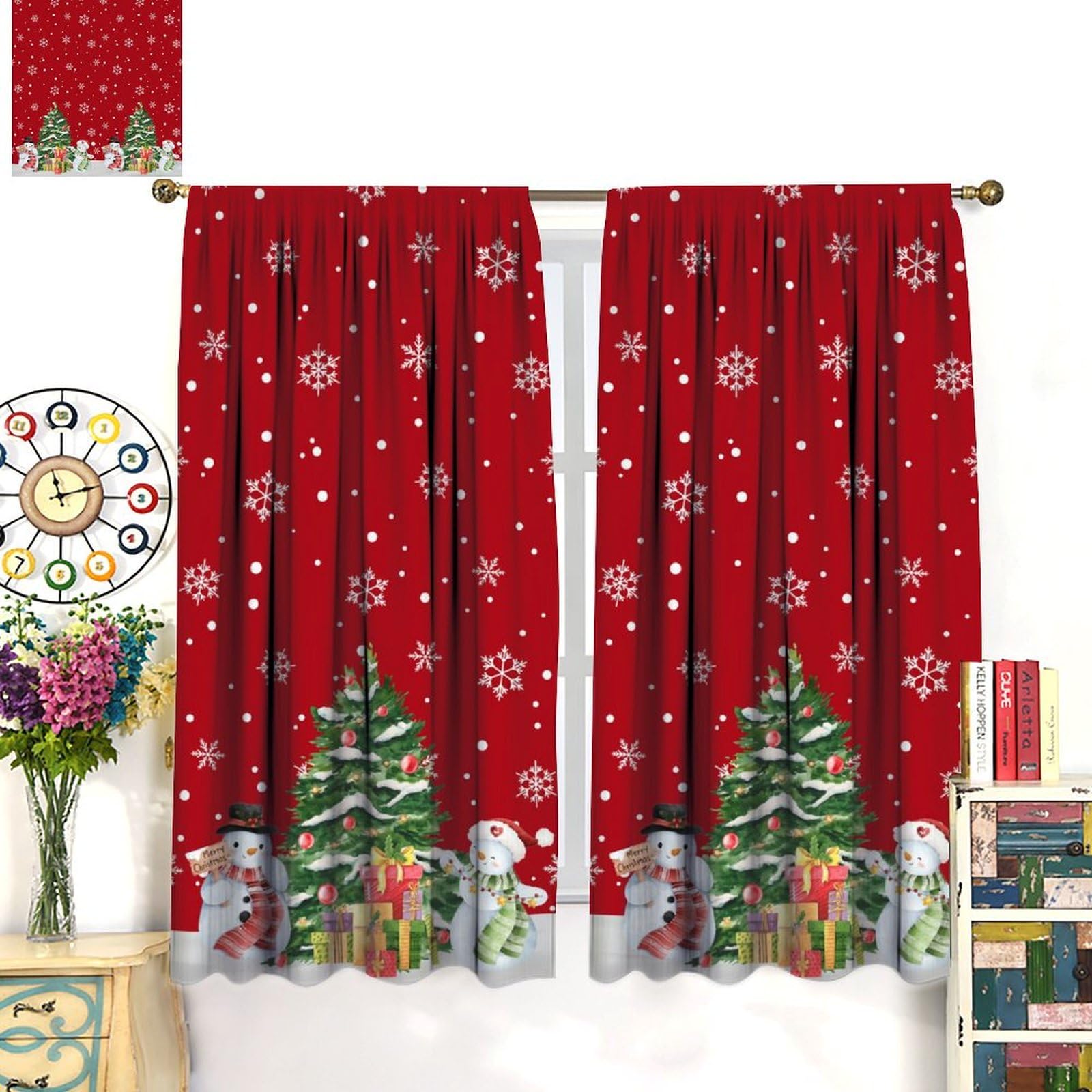 ShiTingYu Christmas Kitchen Curtains Snow Christmas Tree Gift Cafe Window Treatment for Boys Girls Teens Home Bedroom Living Room Kitchen Rod Pocket 2 Panels Drapes Holiday 42x54 Inch