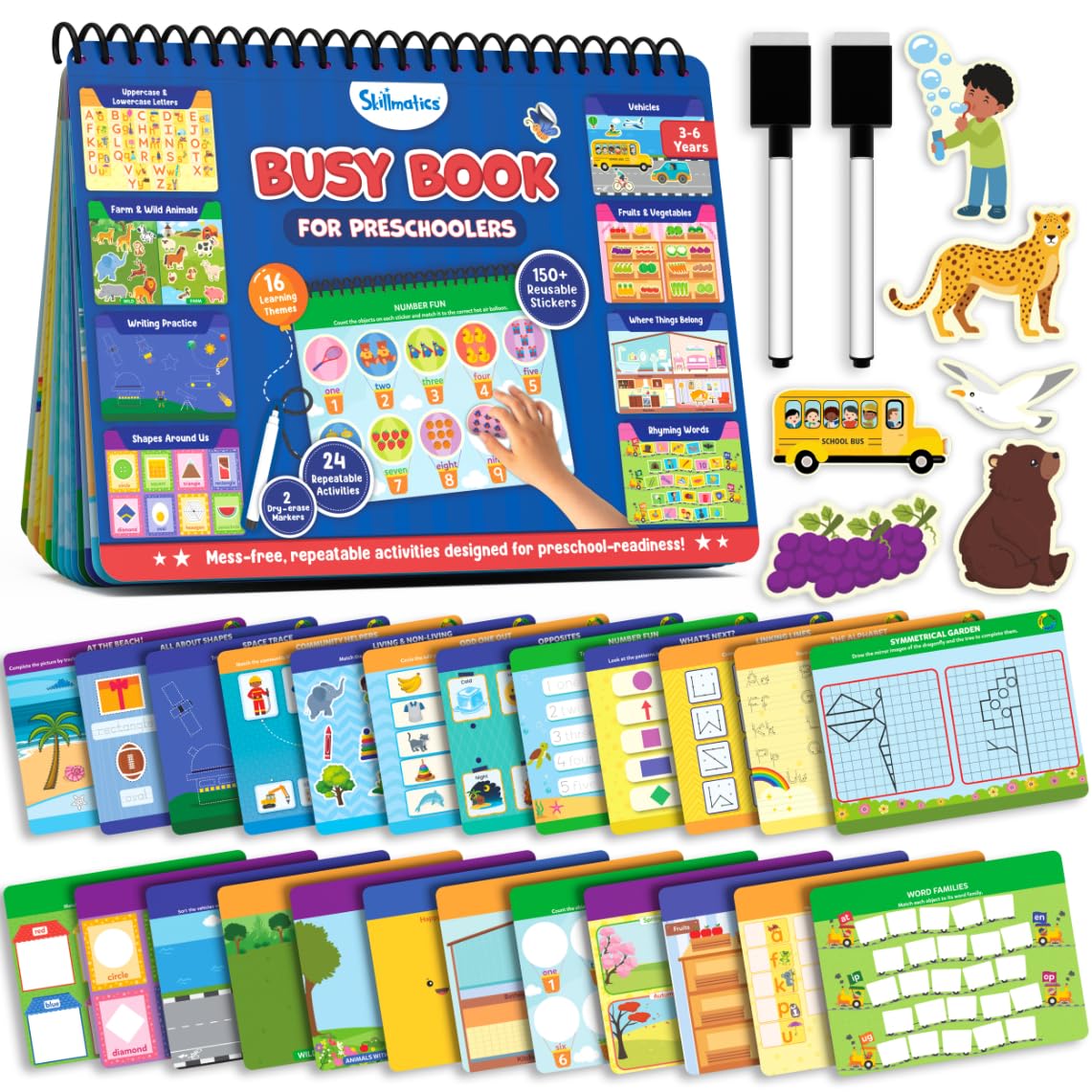 Skillmatics Busy Book for Preschoolers - Toddler Learning Activity Binder, Mess-Free, Pre-Assembled, 150+ Reusable Stickers, Montessori Educational Toy for Homeschool & Travel, Gift for Ages 3-6
