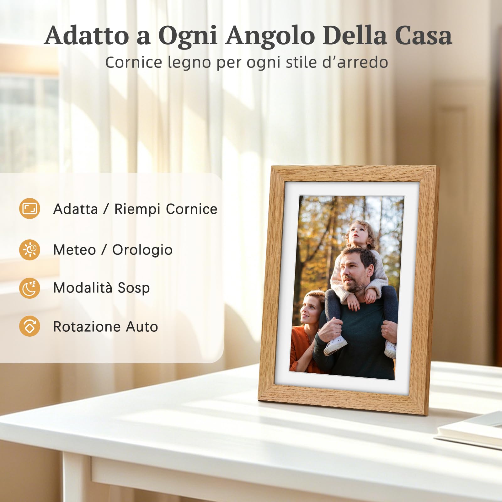 Cornice Digitale Legno di Quercia WiFi, Portafoto Digitale 10,1" Memoria da 32 GB, Touchscreen IPS HD 1280 * 800, Rotazione Automatica, Condividi Foto/Video Tramite l'app Frameo, Regalo da Donna Uomo