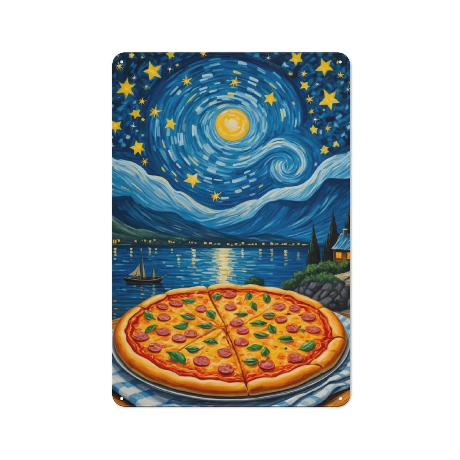 Decorative Metal Plaque with Pizza Starry Night Design 30x20cm, Modern Retro Studio Wall Art for Workspace, Cafe, Hallway Or Garage
